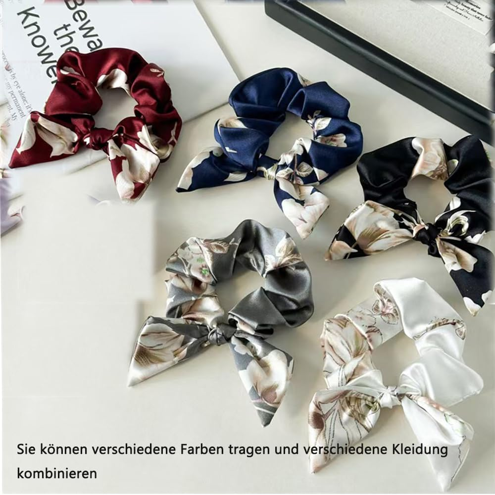 Hair Scrunchie with Bow, Satin Silk Bowknot Hair Bobbles, Ponytail Holder, Elastic Velvet Hair Band, Silk Scarf, Rabbit Ears Shape for Women (Style A, Pack of 6) image number 4