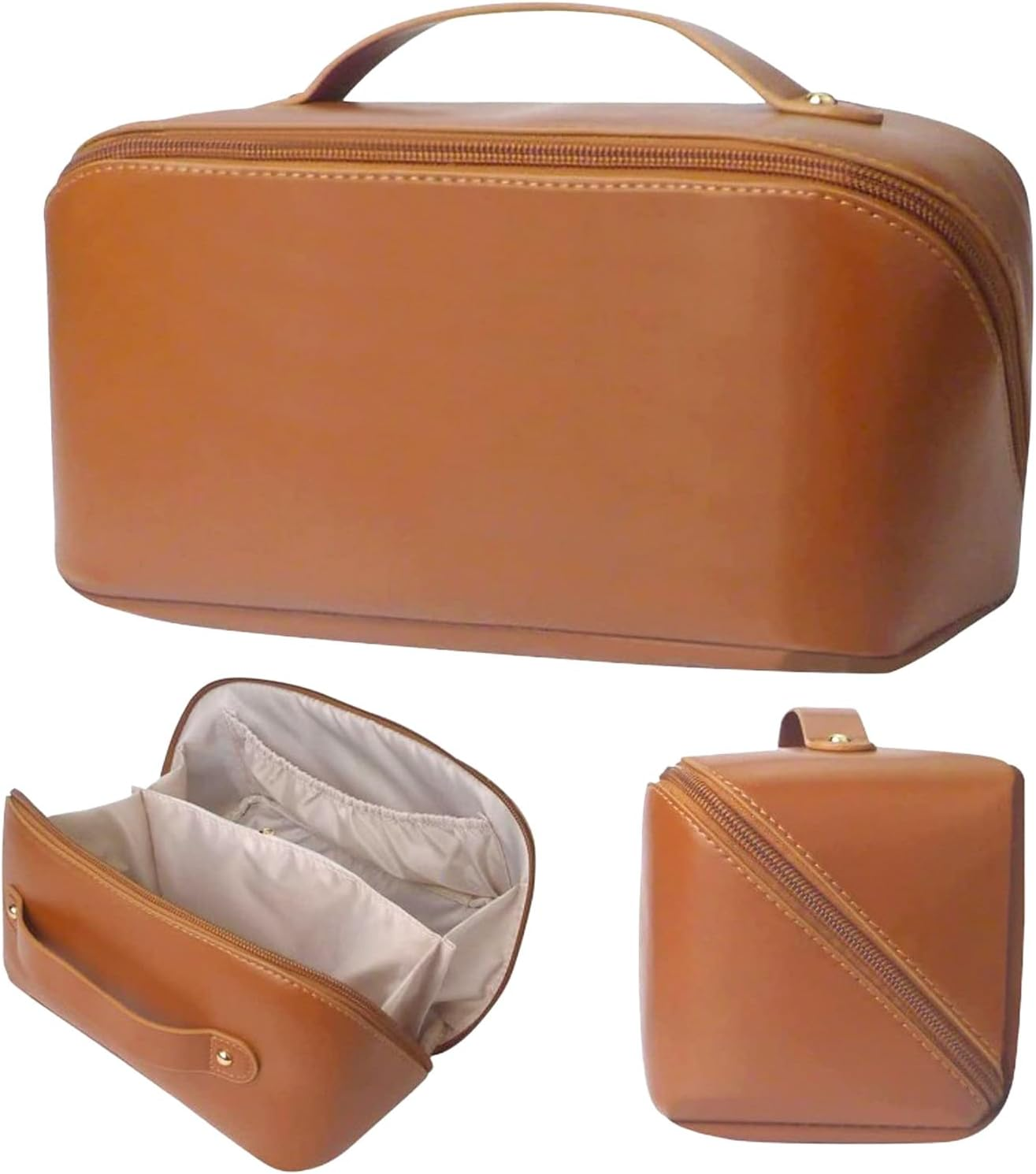 Cosmetic Bag, Extra Large Waterproof Makeup Organizer, High-Quality PU Travel Toiletry Bag for Women, Spacious Multi-Compartment Storage Pouch for Cosmetics, Skincare, Brushes, and Essentials（Brown） image number 3