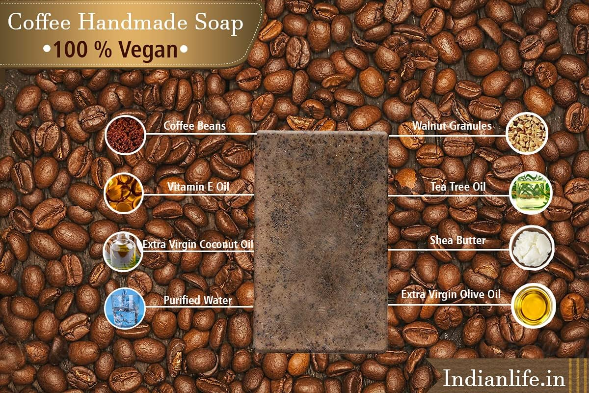 Indianlife&reg; Handmade Bathing Glowing Soap Bar -Tan Removal -Sun Protection - anti Pollution-Skin Lightening Pack of 4 Kumkumadi | Charcoal | Coffee | Orange Peel | 100 Gm Each image number 4