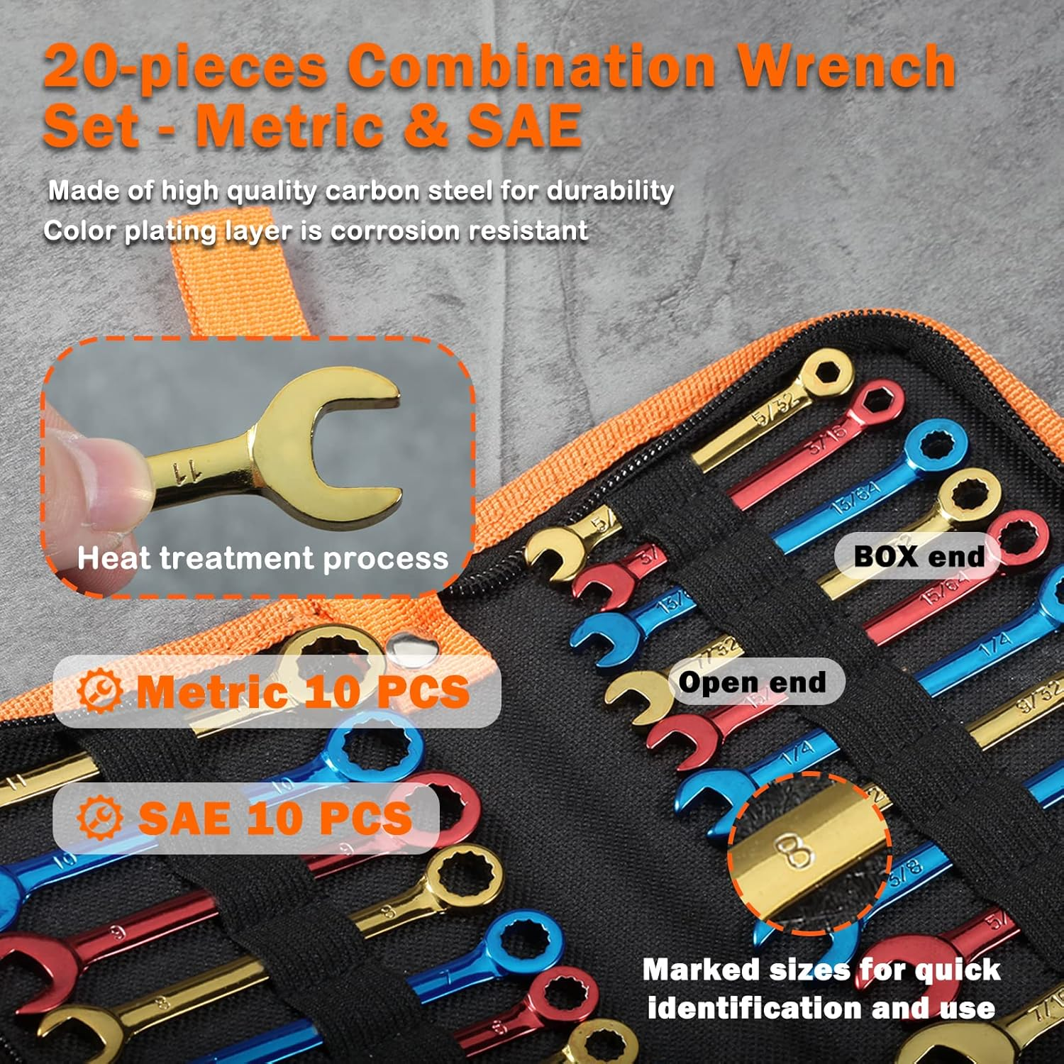 LEONTOOL Small Combination Wrench Sets Metric and Standard 20 PCS 4-11Mm & 5/32" to 7/16" Color Plated Open and Box End Mini Wrenches with Key Ring Ignition Wrench Set with Zipper Bag image number 3