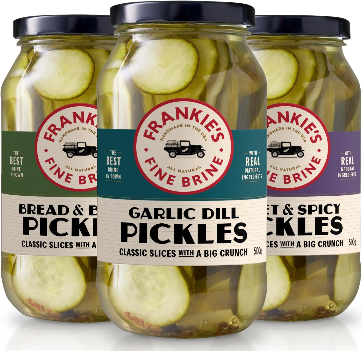 Frankie'S Fine Brine 3 Pack Pickle Bundle - Garlic Dill, Bread & Butter, Sweet & Spicy Pickles - Premium Assorted Pickle Variety Pack, 3 X 500G Jars image number 4