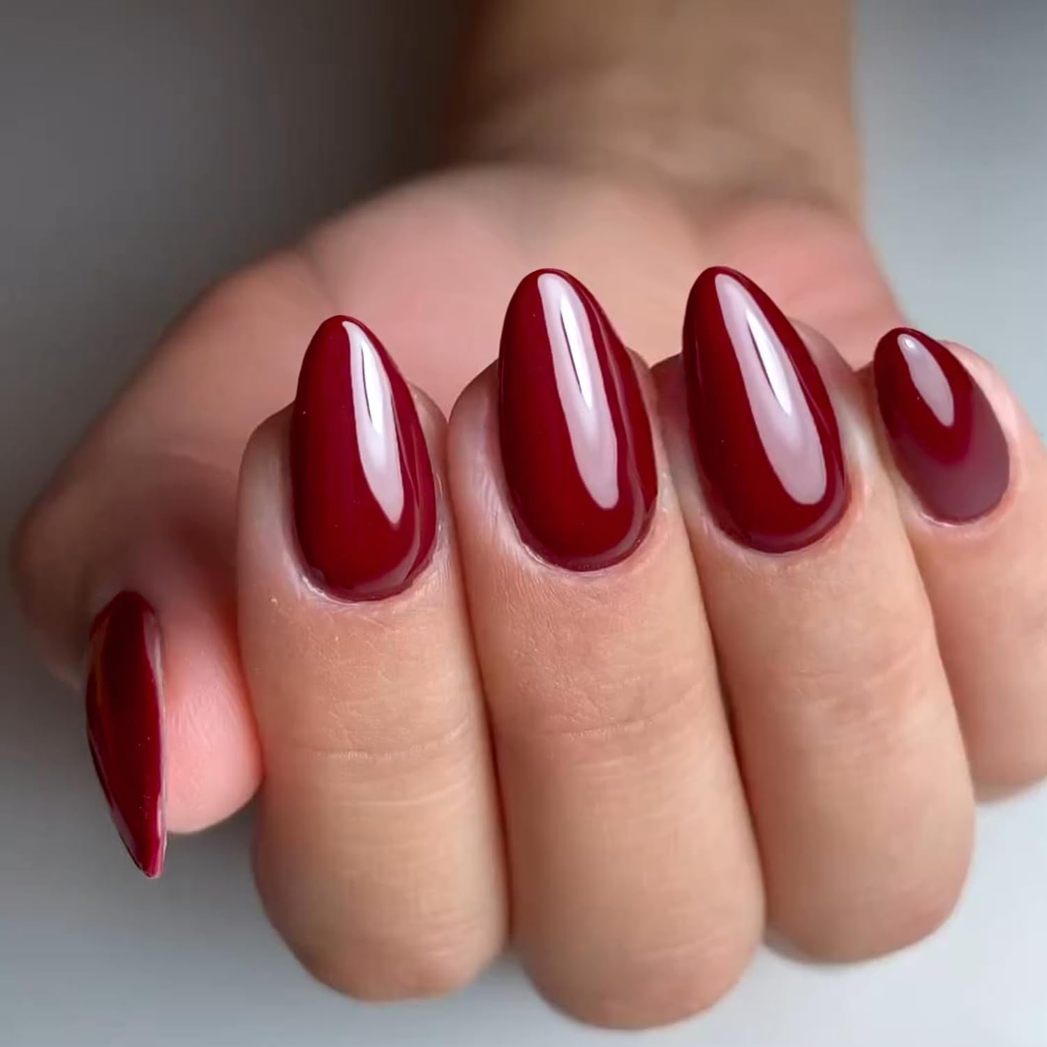 GLAMERMAID Dark Red Press on Nails Short Almond, Blood Scarlett Red Handmade Soft Jelly Gel Fake Nails Burgundy, Deep Red round Oval Stick Glue on Nails Kit for Women, Reusable Acrylic False Nail Set image number 3