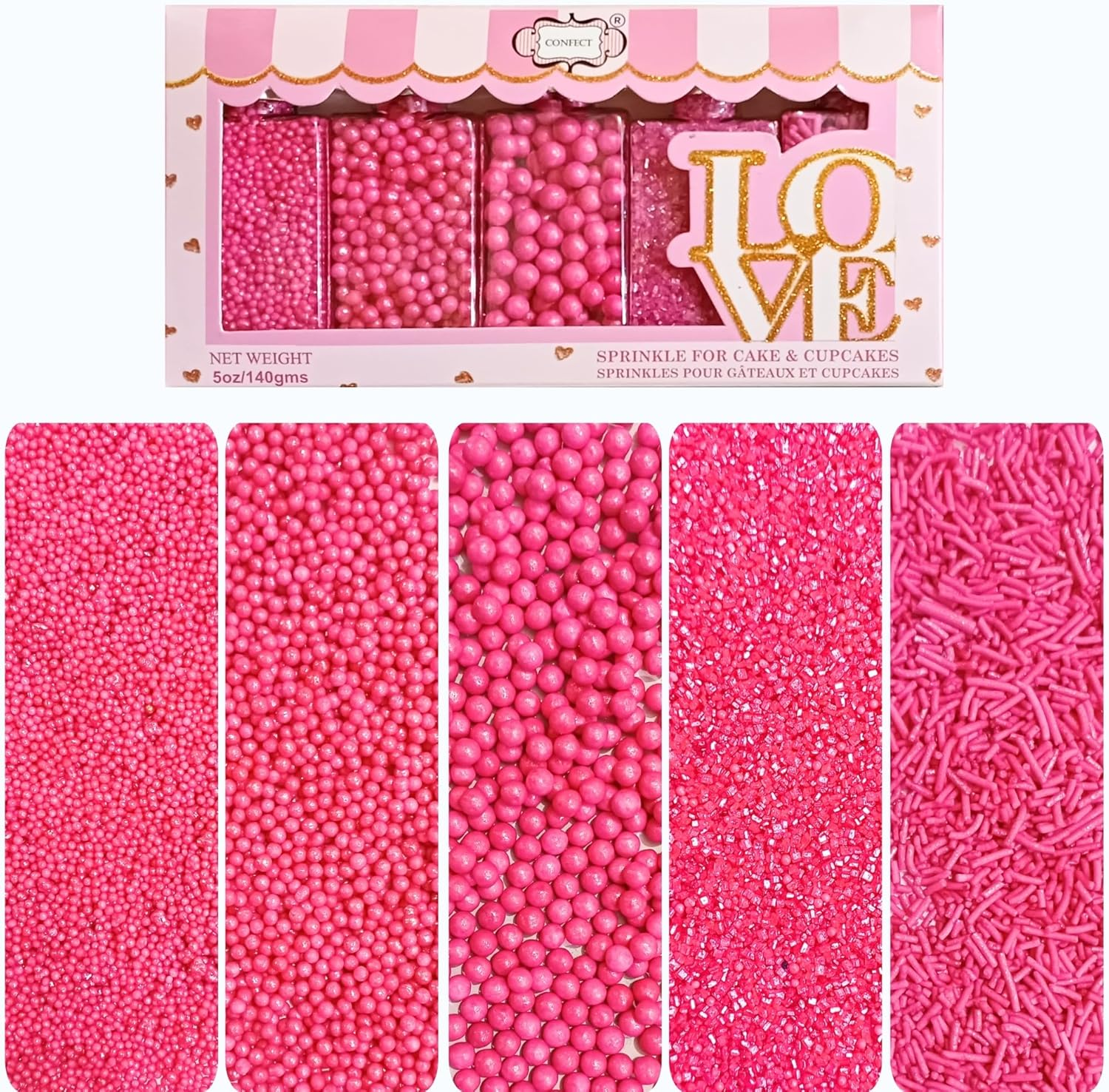 Confect Sprinkles for Cakes & Cupcakes Decoration | Assorted Pack of 5 Barbie Playtime Pearl Sprinkles | Hot Pink Sprinkles | Birthday Sprinkles | Edible Mix Dragees & Sparkling Sugar - 3.5 Oz