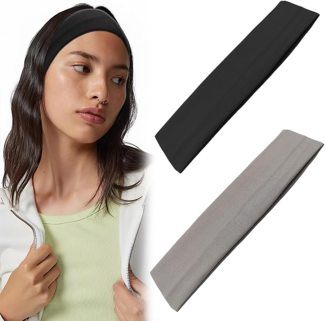 Pack of 2 Women'S Hair Bands, Elastic Hair Bands, Yoga Headbands, Sports Headbands, Non-Slip Headbands (Black and Grey) image number 2