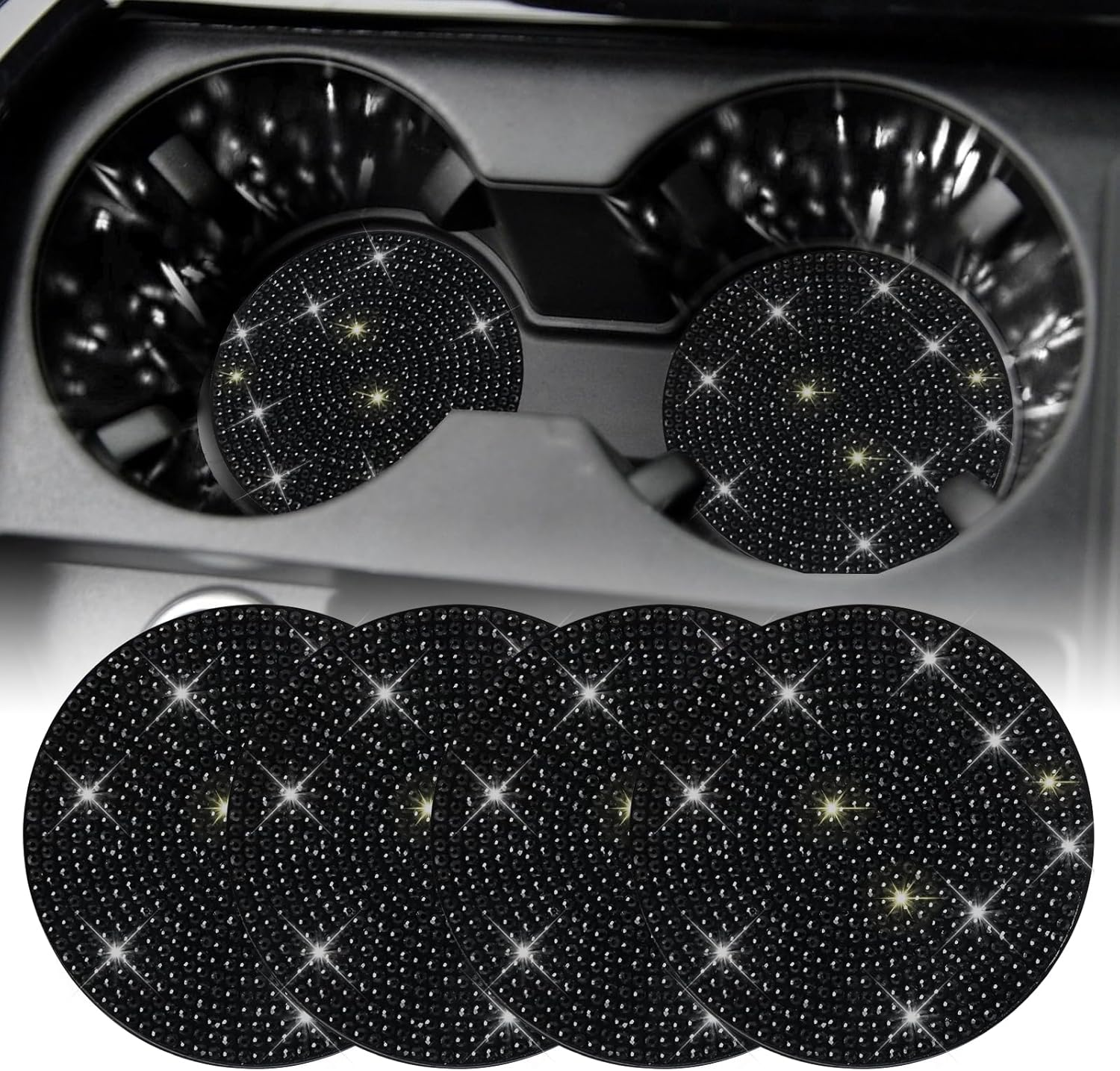 SINGARO Bling Cup Holder Coasters for Car, 2PCS Universal Non-Slip Cup Holder, Embedded Decorative Coasters, Shiny Crystal Car Interior Accessories Gifts for Women (Black)