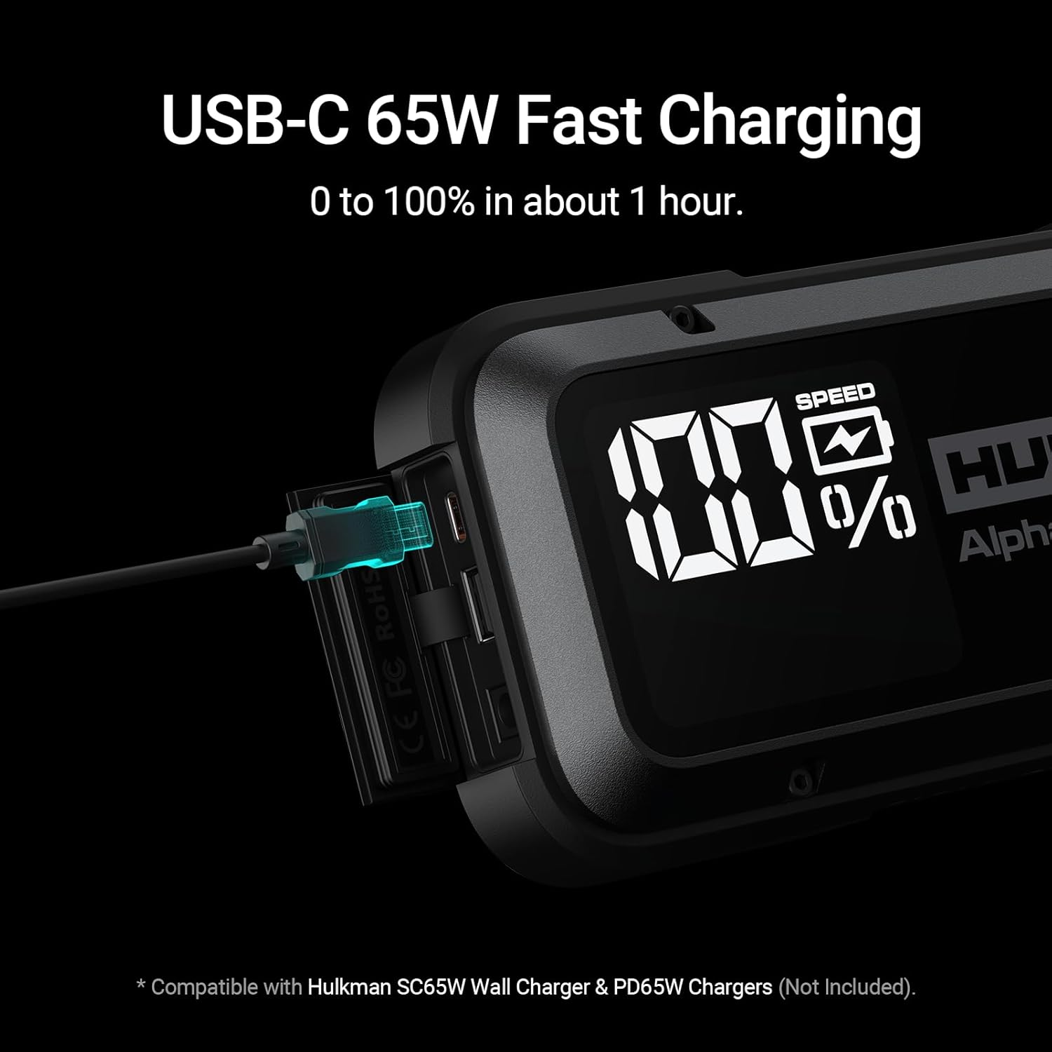 Hulkman Alpha Pro, Solid Black, 1750A 59.2Wh Smart Jump Starter, Jump Box with 3.3" LED Display, PD65W In&Out Car Battery Pack, 12V Portable Jumper, for 8.0L Gas and 5.0L Diesel Engines, 2025 New image number 6