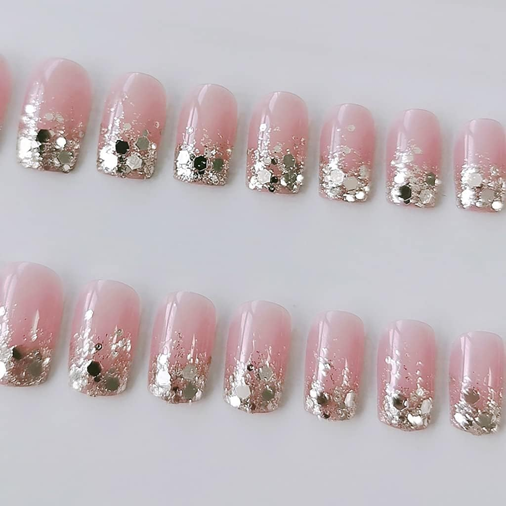 Rikview Press on Nails Short Fake Nails Pink Nails Clear Square Acrylic Nails with Sequins