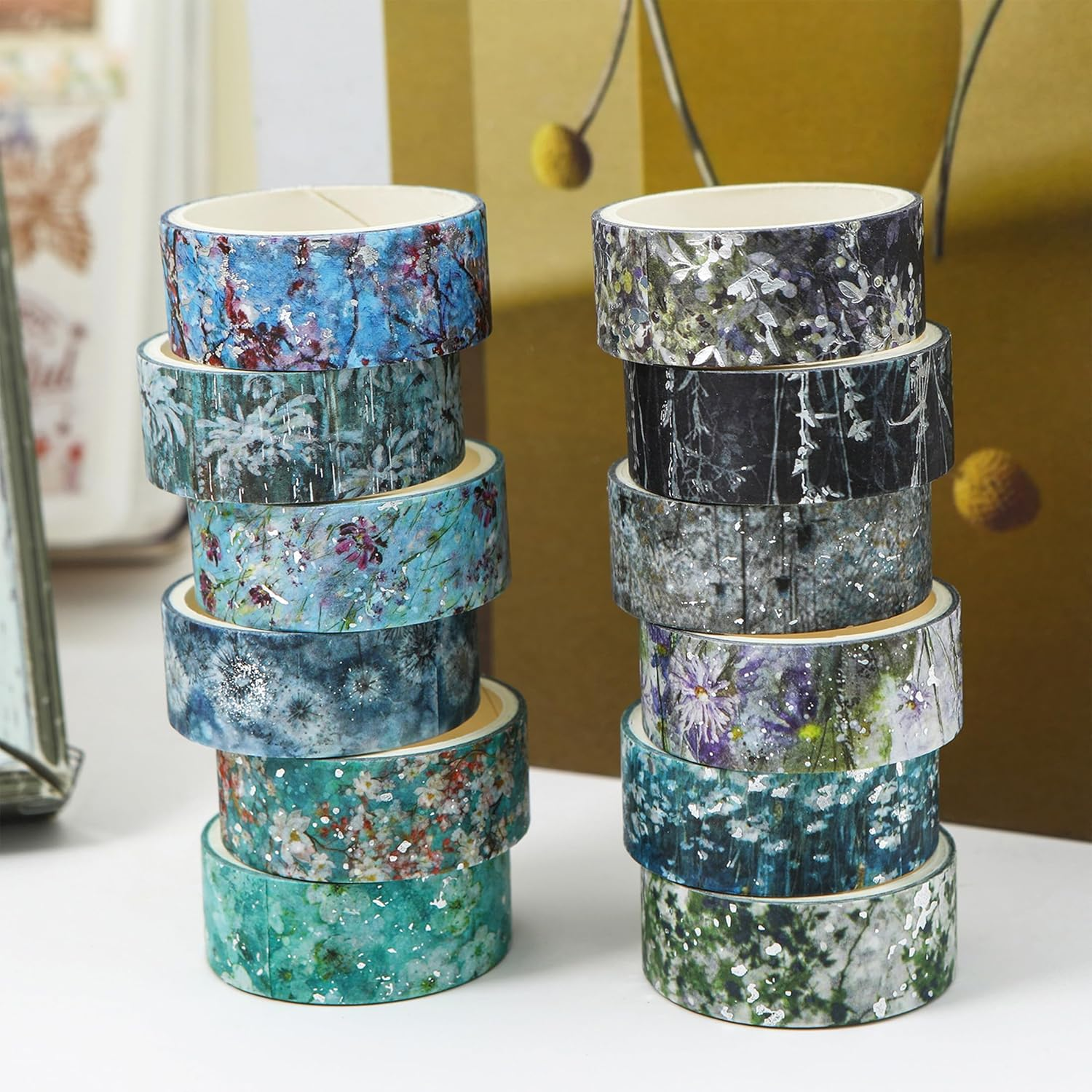 Songdao 12 Rolls Flowers Washi Tape Set Floral Arts Adhesive Tapes Splast Silver Decorative Masking Tape Sets for Craft, Kids, Scrapbook, DIY, Gift Wrapping (Floral Symphony) image number 4