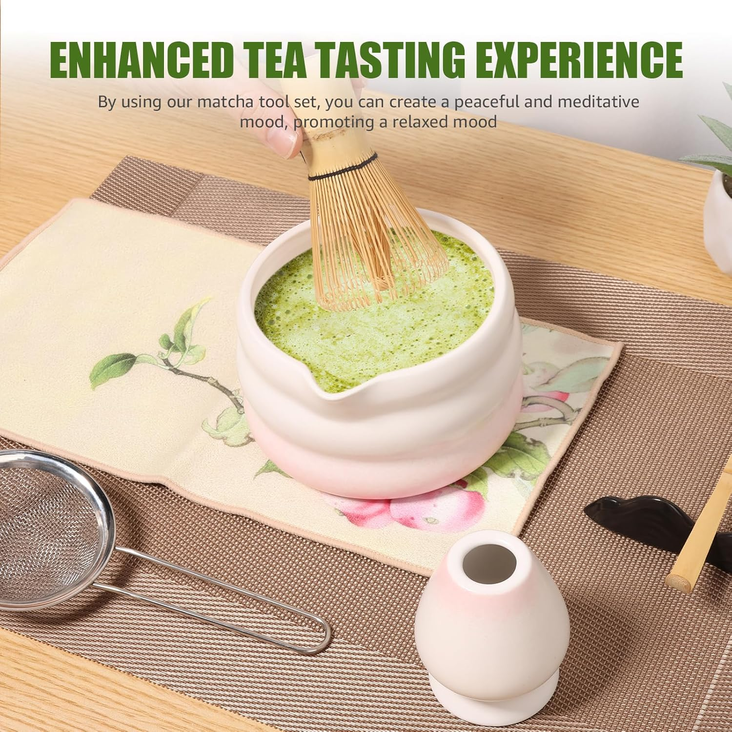 Japanese Matcha Tea Set, Easy to Use, Elegant Green Kit, Smooth Help Relaxing Japanese Tea Making Set, for Matcha Tea Ceremony Home Use (Pink)