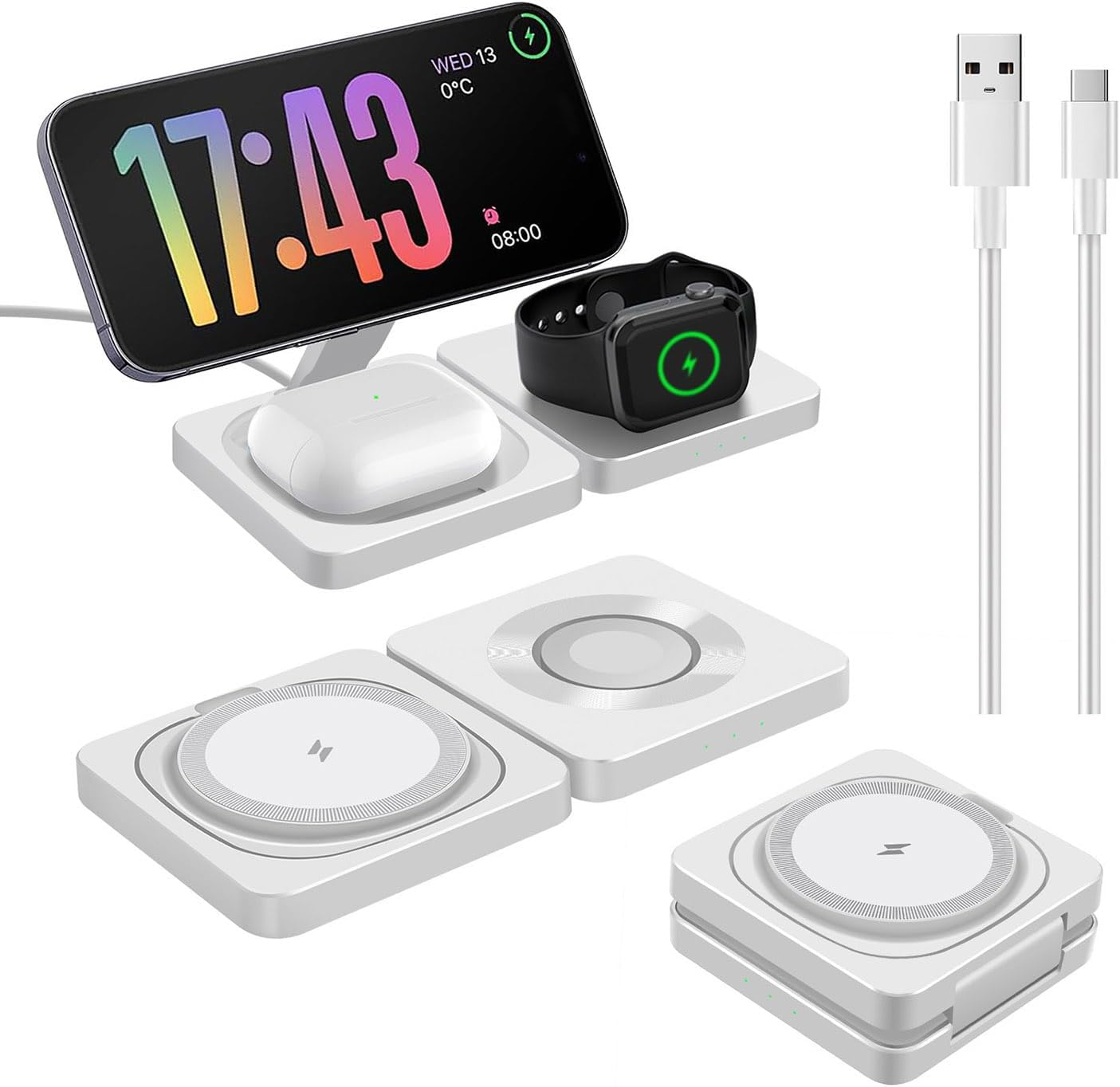 3In1 Wireless Charger Station Portable Travel Charger Wireless Charger Pad Magnetic Charger Stand for Iphone 17 16 15 14 13 12,Iwatch 11/Ultra3/10/Ultra 2/9/Ultra/8/Se2/7/6/Se/5/4/3/2,Pods4/Pro/3/2