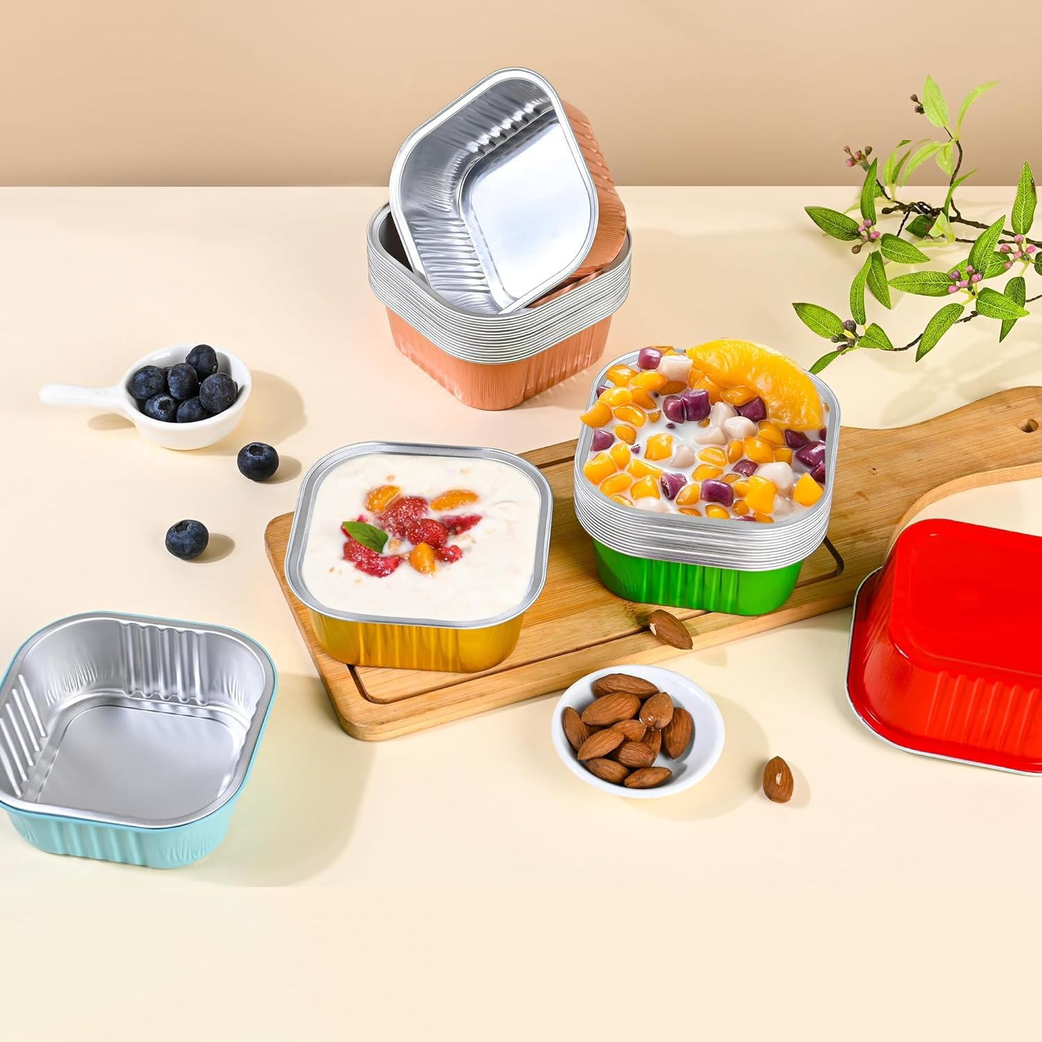 40 Pack Mini Cake Pans with Lids, 5Oz Square Aluminum Foil Brownie Baking Cups, Muffin Tin Ramekins, Disposable Dessert Cupcake Cups for Wedding Birthday Party, White - Blue image number 4