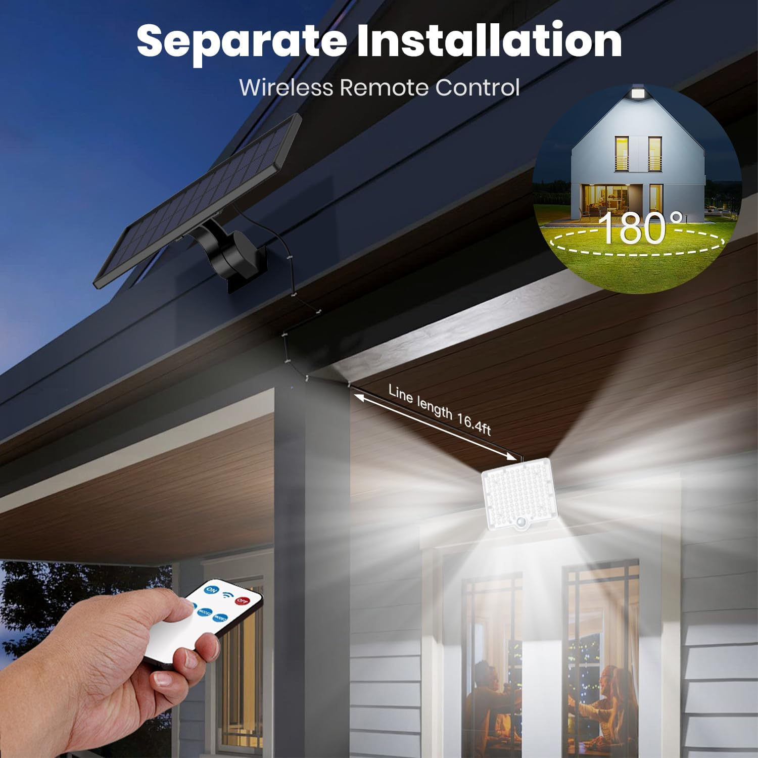 Solar Motion Sensor Lights Outdoor, 3 Modes LED Solar Flood Lights,Large Separate Solar Panel with 16.4Ft Cable, IP65 Waterproof Solar Security Lights for outside (1PACK)