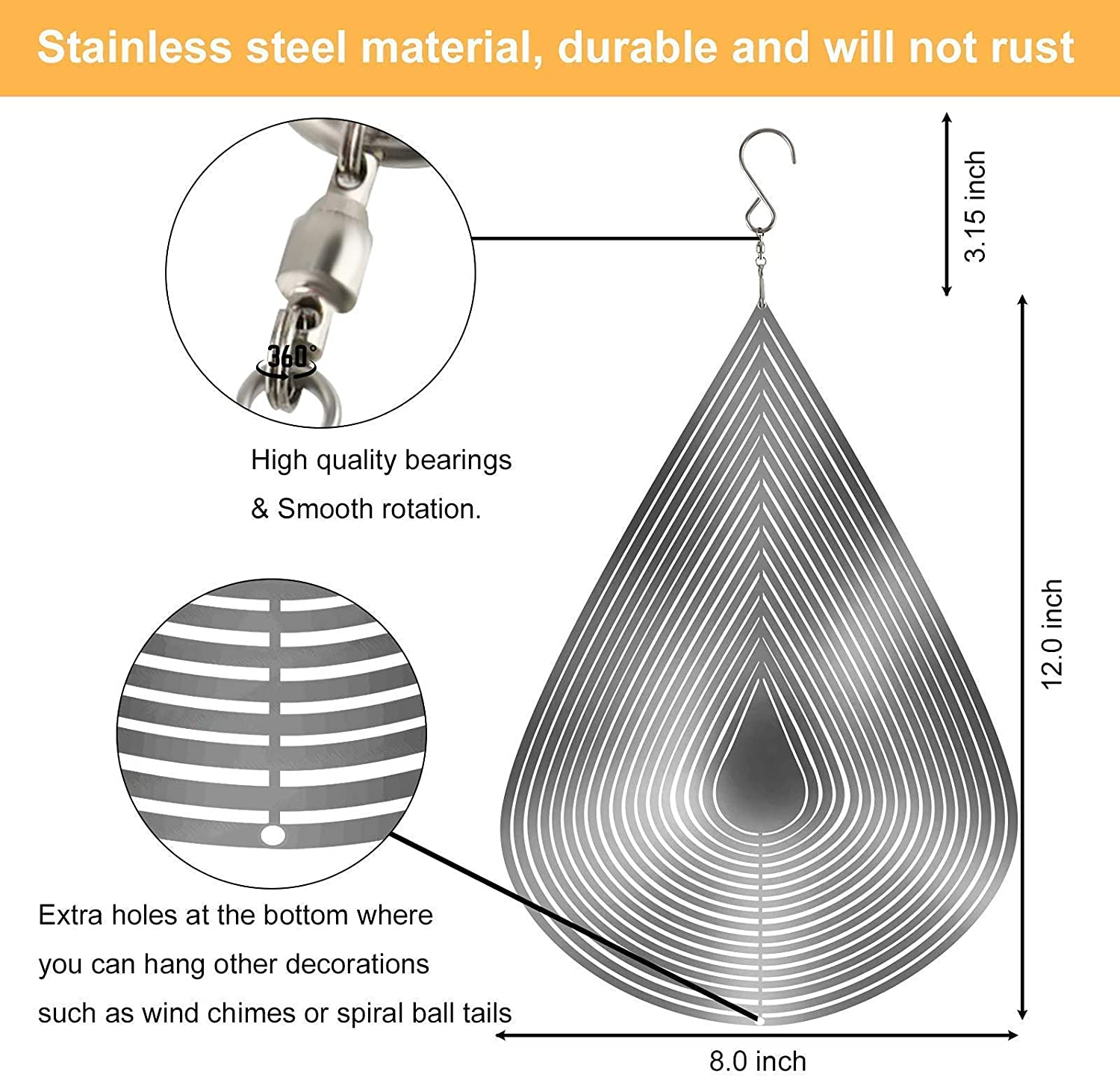 Jorontall Wind Spinner Stainless Steel 3D Flowing Light Effect Decoration for Outdoor Garden Hanging Decor Gifts 12&ldquo;X 8&ldquo; Silver Water Drop-Shaped Spinners with 360&deg; Rotating Hook image number 3