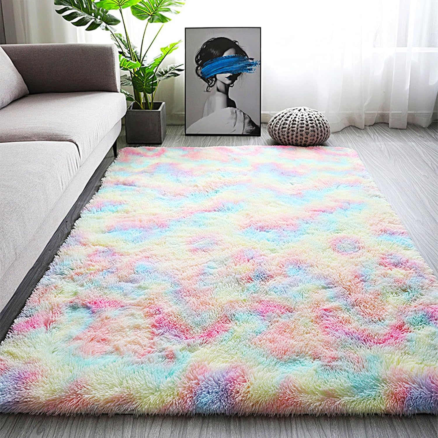 Fluffy Rainbow Rugs for Girls Bedroom, Shag Colorful Rectangle Area Rug for Living Room, Soft Fuzzy Anti-Slip Carpets for Child, Cute Kids Playmats for Home Decor (Blue, 100 * 160Cm)