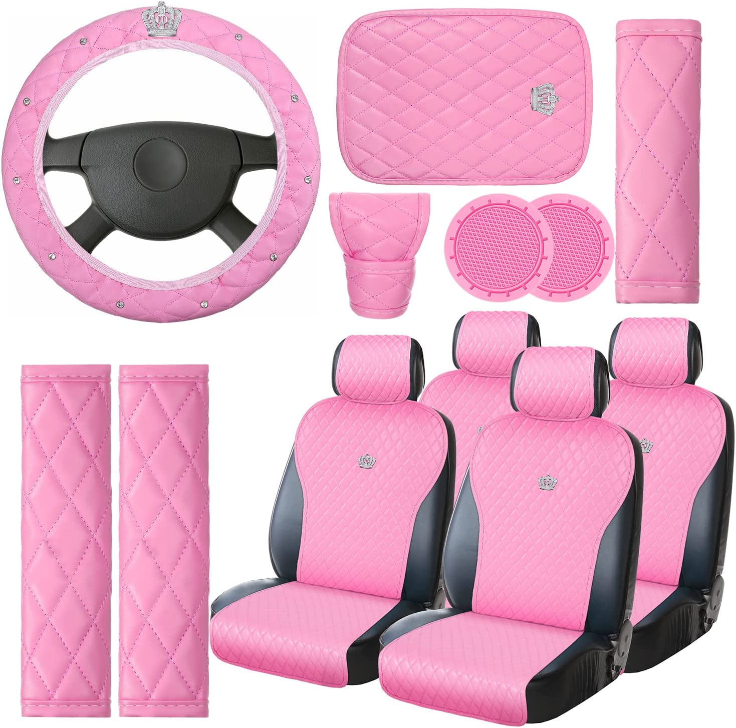 Tallew 14 Pcs Pink Car Accessories Set Leather Diamond Seat Cover Steering Wheel Cover with Center Console Pad Cup Holders Gear Protection for Women Car Interior Decor(Full Set) image number 4