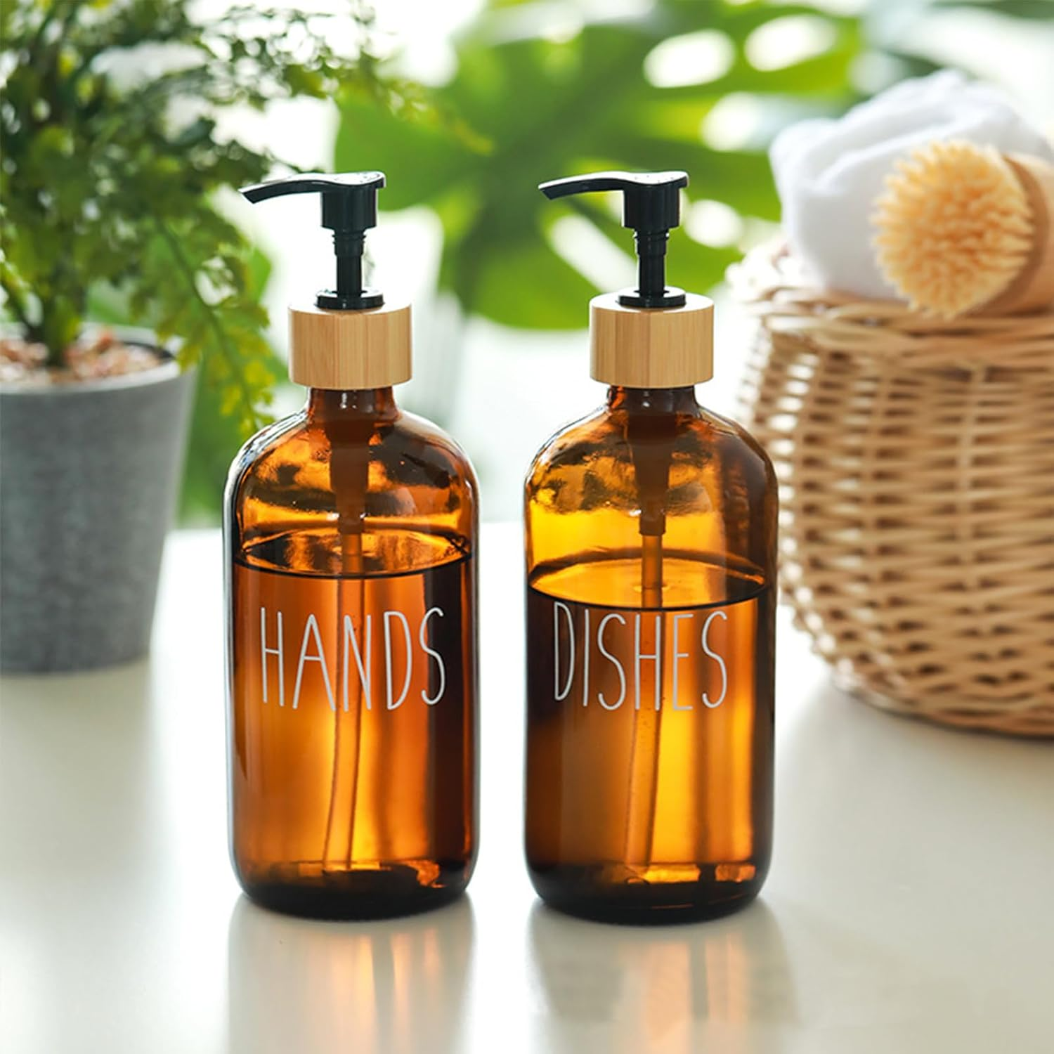 Glass Soap Dispenser Set with Tray,Includes Hand Soap and Dish Soap Dispenser Featuring Pump Durable Leakproof Design Smooth Rounded Nozzle Ideal for Kitchen Sink Home Decor(Coffee) image number 1