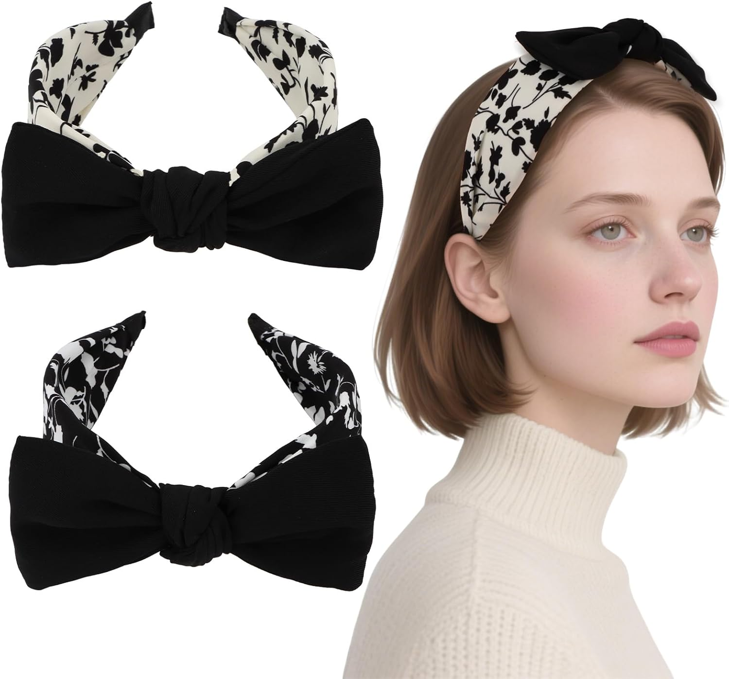EXIPSAT 2 X Women'S Hair Band with Floral Pattern, Great Bow Knot Design, Wide and Comfortable, Perfect Hair Accessory image number 6