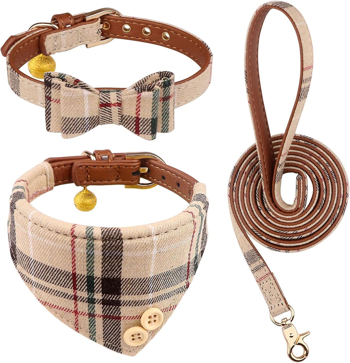 3 PCS Dog Collars for Small Puppy Collar and Leash Set, Bow Tie with Bell, Bandana Leather for Small Dogs Puppies and Cats(Beige) image number 4
