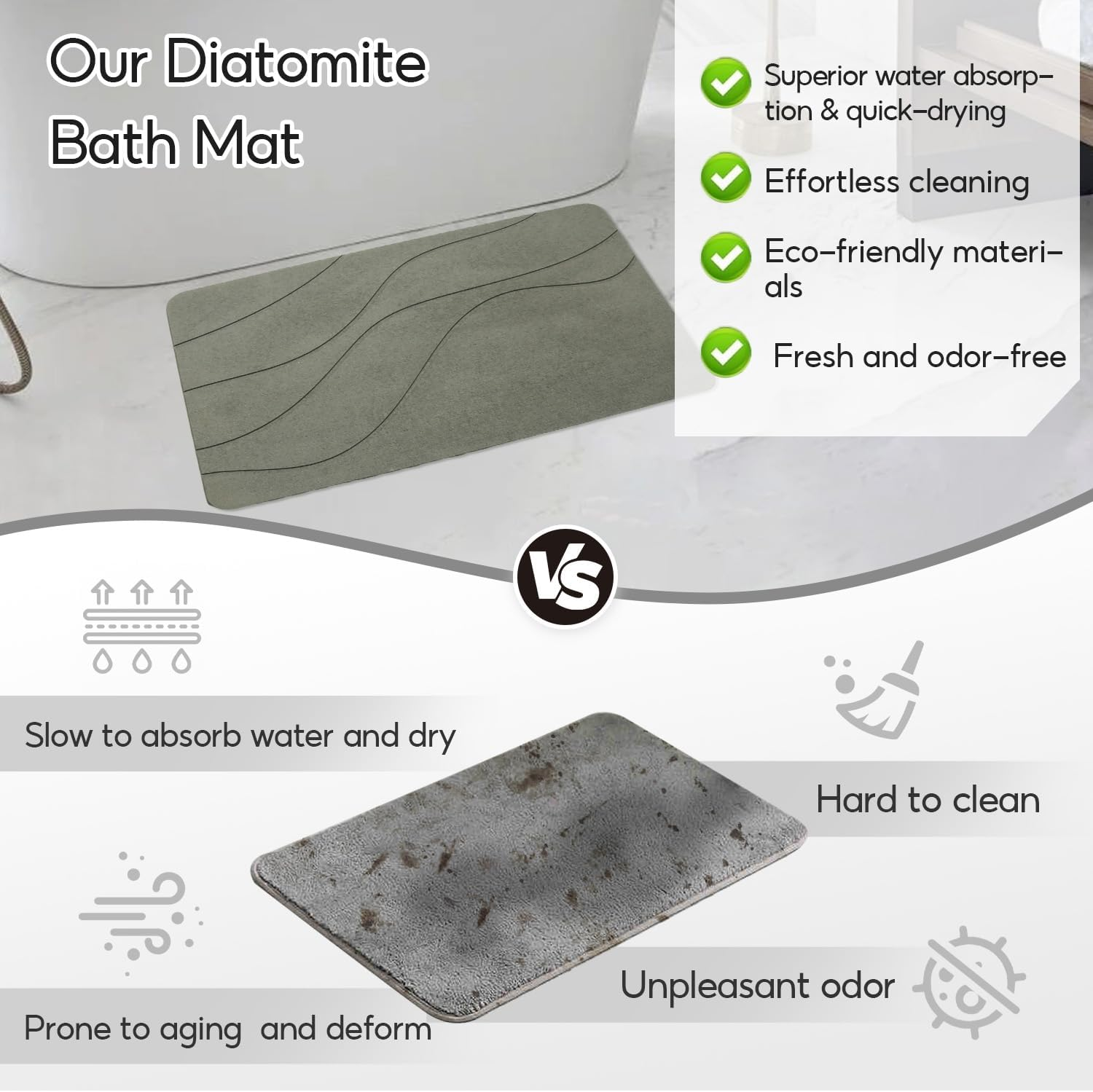 Natureva Home - Stone Bath Mat | Super Absorbent, Quick Dry, Non Slip | Modern Diatomite Bathroom Mats | Made of Natural Diatomaceous Earth (Light Gray, 60 * 40CM, Flat) (Line)