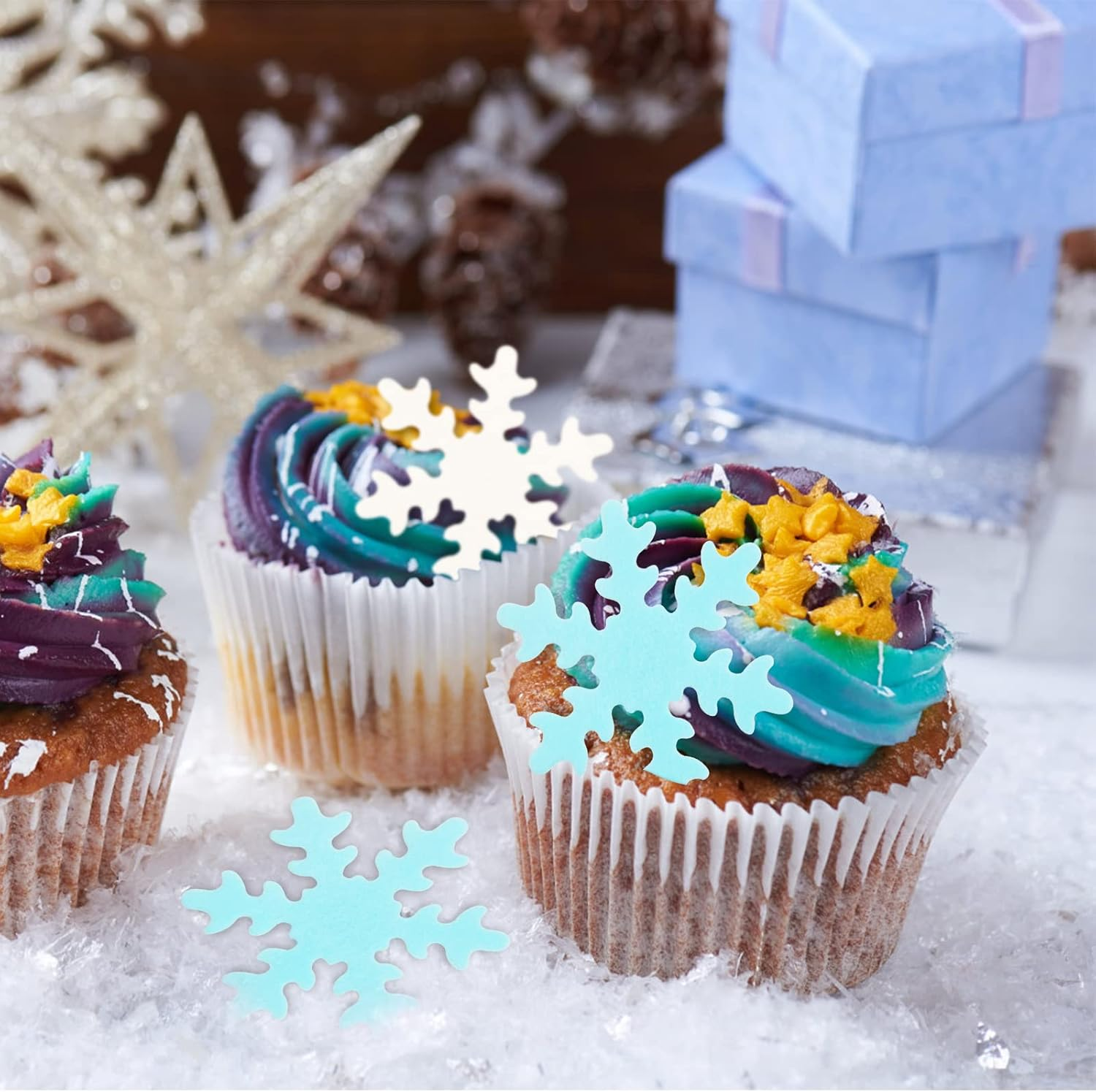 50Pcs Edible Snowflake Cupcake Cake Decoration, 5Cm Cute Snowflakes Confetti Decorations, Winter Cupcake Topper for Christmas Winter Frozen Snowflake Theme Birthday Party Wedding Baby Shower image number 1
