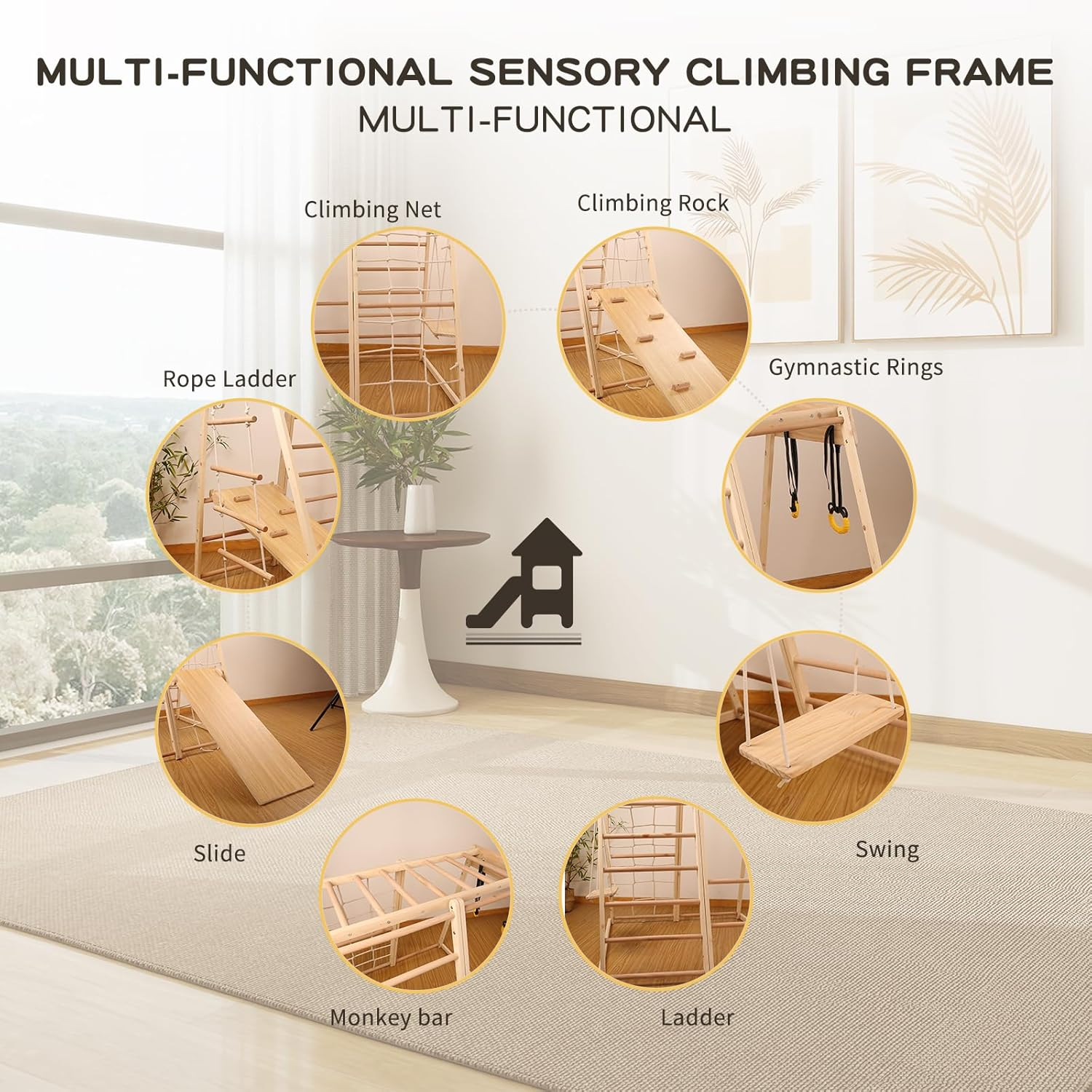 Climbing Frame,Toddler Montessori Wood Playset 9-In-1 with Slide,Toddler Slide,Swing,Jungle Gym,Swedish Ladder,Monkey Bars,Rope Ladder,Rock Wall Dome for Kid Ages 1-7 New Ogelo image number 1