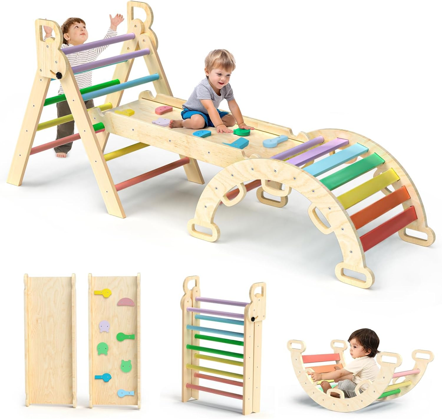 Omebel Pikler Triangle Set, 7 in 1 Foldable Toddler Climbing Toys Wooden Montessori Climbing Set, Baby Climber Indoor Jungle Gyms for Toddlers Montessori Toys image number 4