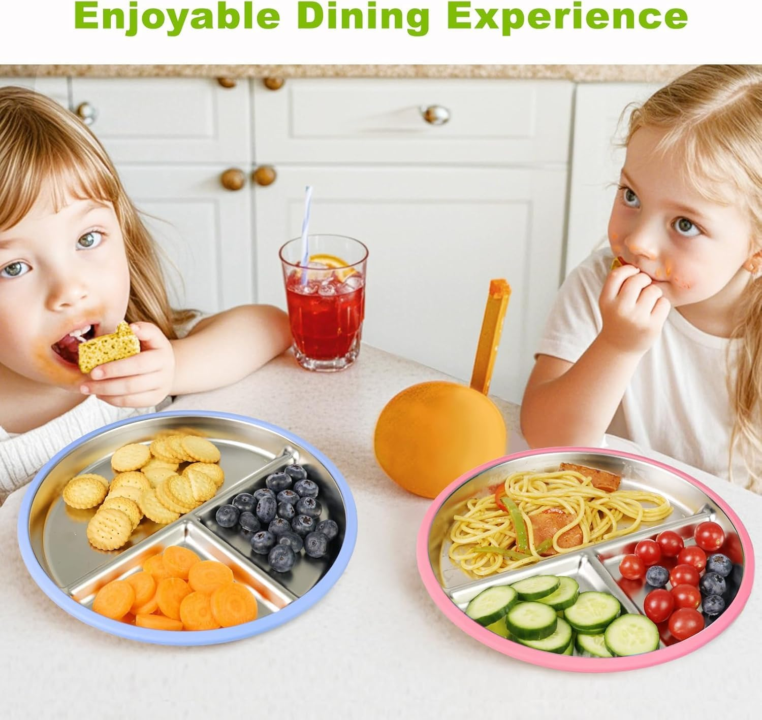 2-Pack Stainless Steel Baby Plates with Suction, 9"/ 23 Cm Divided Bpa-Free Kids Plates, Non-Slip Toddler Plates, (Blue+Pink) - Green+Purchase image number 2