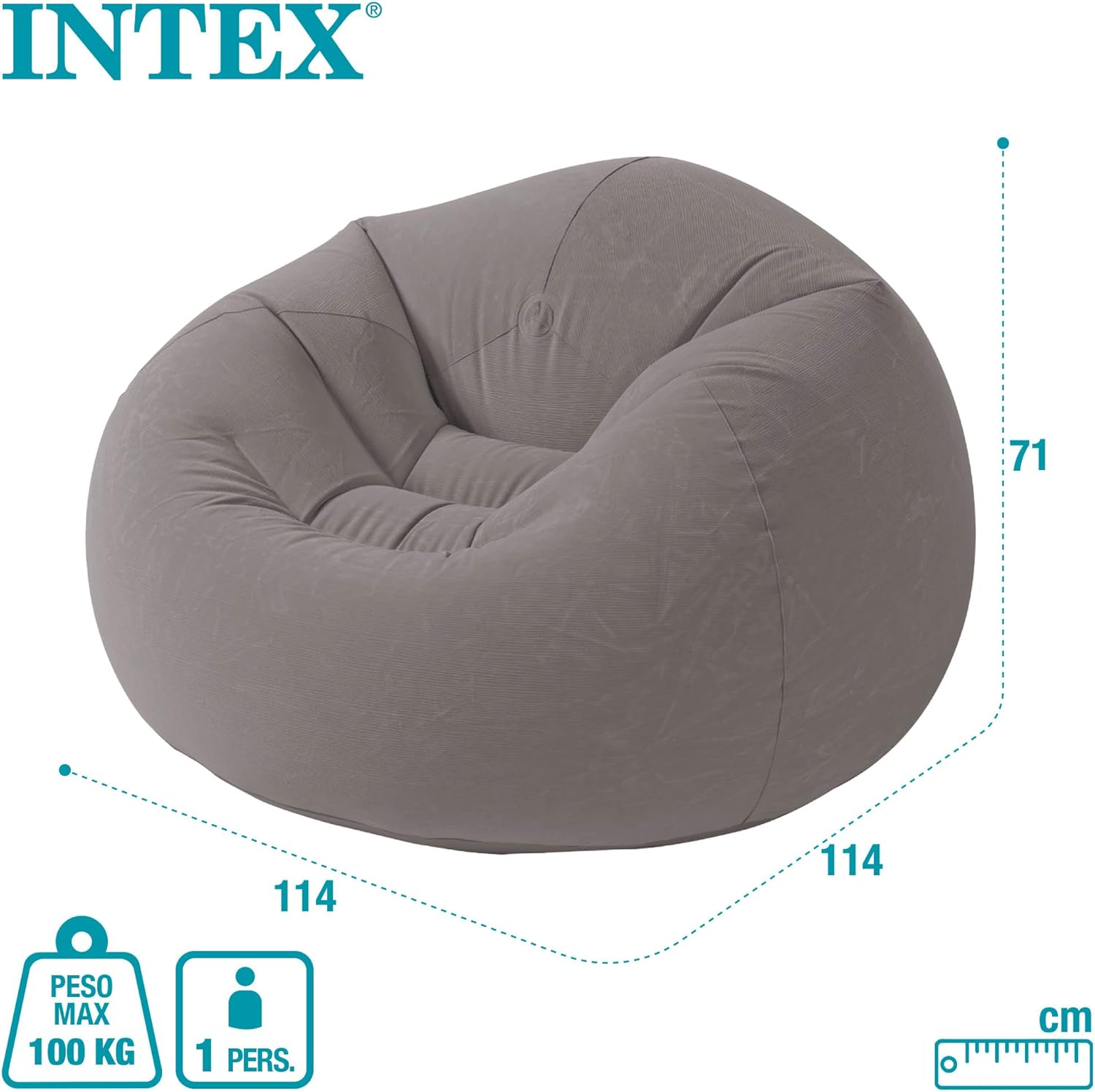 Intex 68579EP Beanless Bag Inflatable Lounge Chair: Corduroy Textured Flocking &ndash; Durable Vinyl &ndash; Folds Compactly &ndash; 220Lb Weight Capacity &ndash; 45" X 45" X 28"