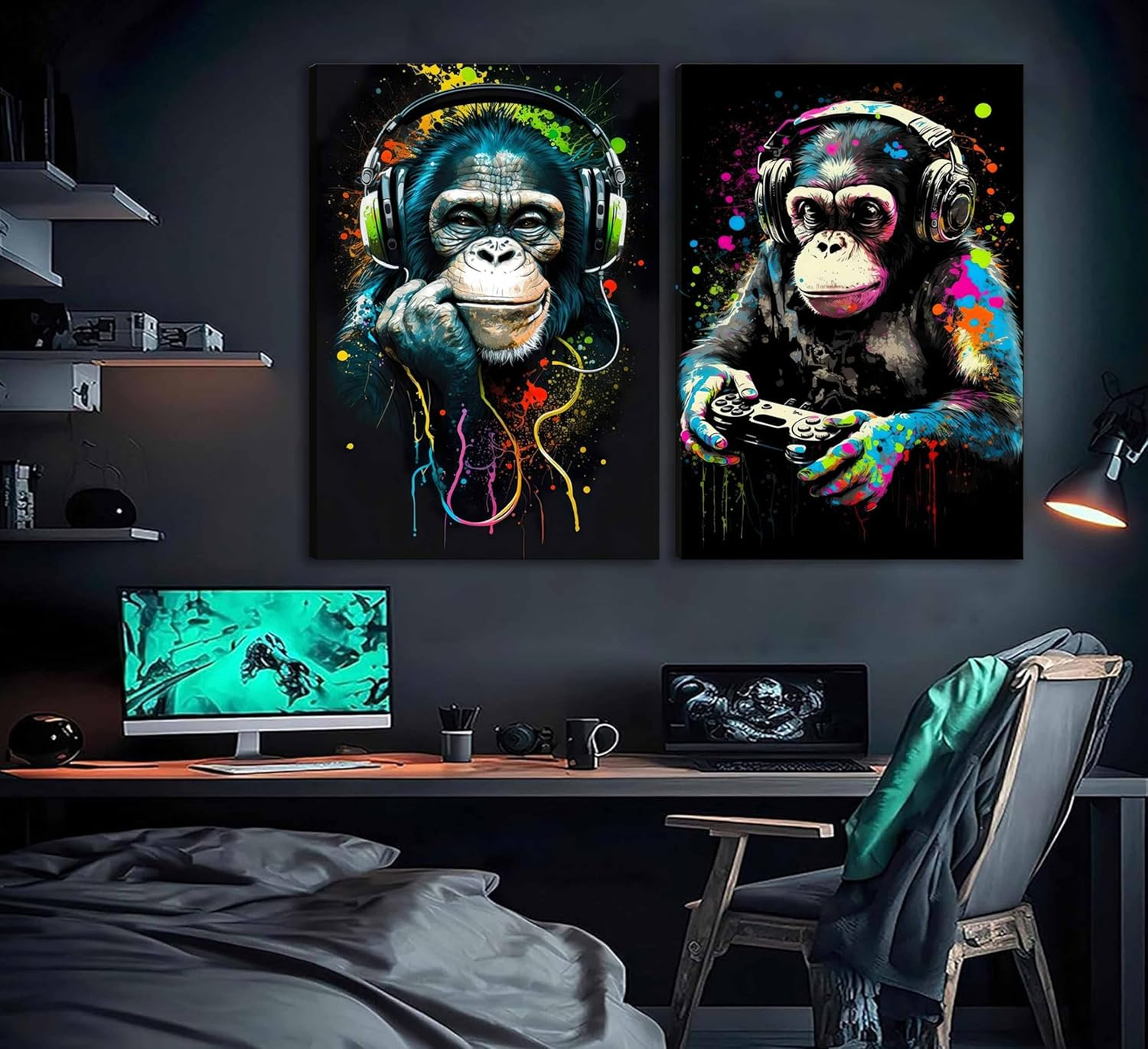 Graffiti Gaming Canvas Wall Art Game Room Decor Boys Gamer Controller Poster Animals Vintage Watercolor Cool Music Chimpanzee Pictures Painting Boys Teeny Room Kids Game for Room Bedroom Decoration image number 4