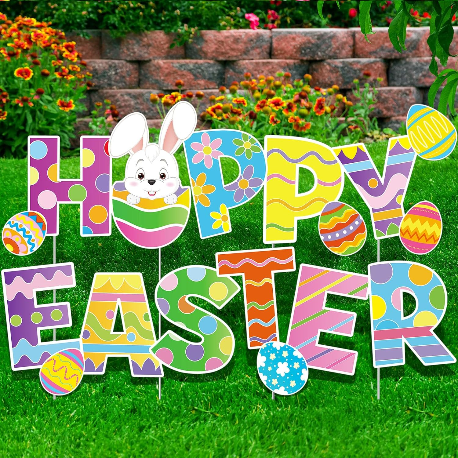 Yalikop 4 Pcs Happy Easter Yard Signs Decorations Outdoor Lawn Decorations Eggs Yard Stake Sign Bunny Outdoor Decorative Stake Signs with 16 Plastic Stakes for Garden Easter Party Supplies Prop image number 6
