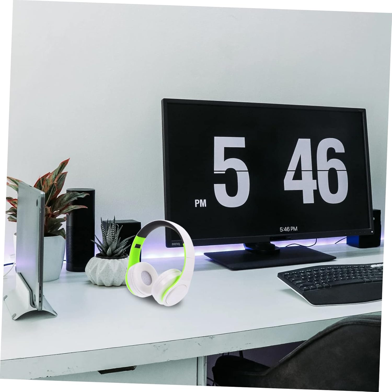 KALLORY Wireless Headset over Ear Foldable Wireless Headphones Noise Cancelling Headset for Office and Sports with Wireless Connectivity Aux in Green White image number 6