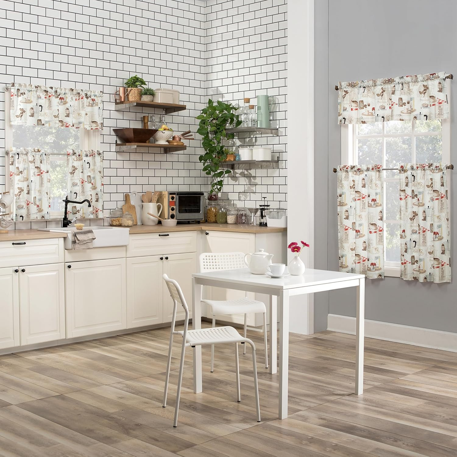 No. 918 Brew Coffee Print Microfiber 3Pc Kitchen Curtain Set, 54" X 36", White image number 4