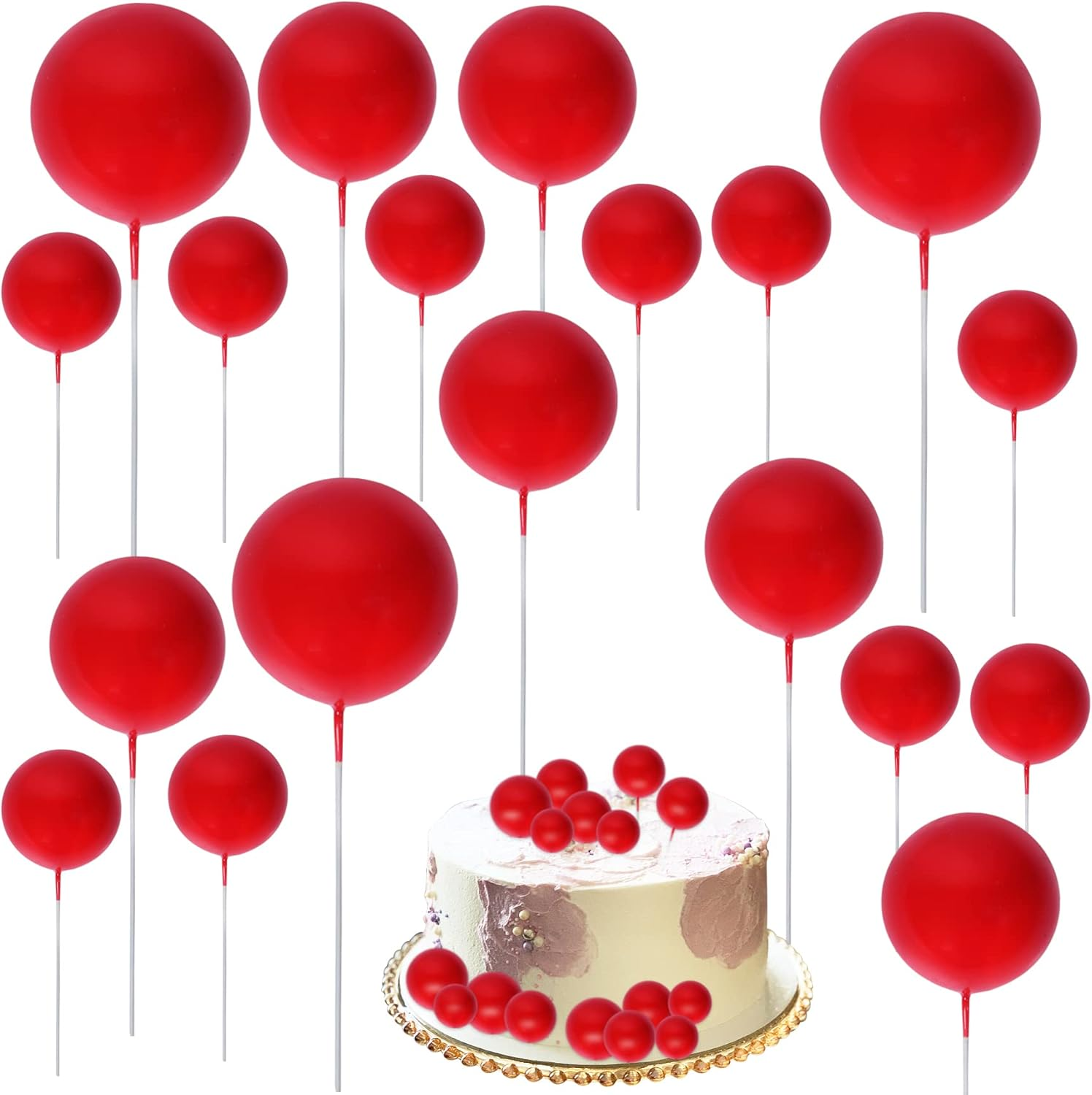 30Pcs Mini Balloon Cake Topper, round Foam Cupcake Topper Ball Cake Decoration,Diy Cake Insert Topper for Birthday Anniversary Graduation Party Decor Red