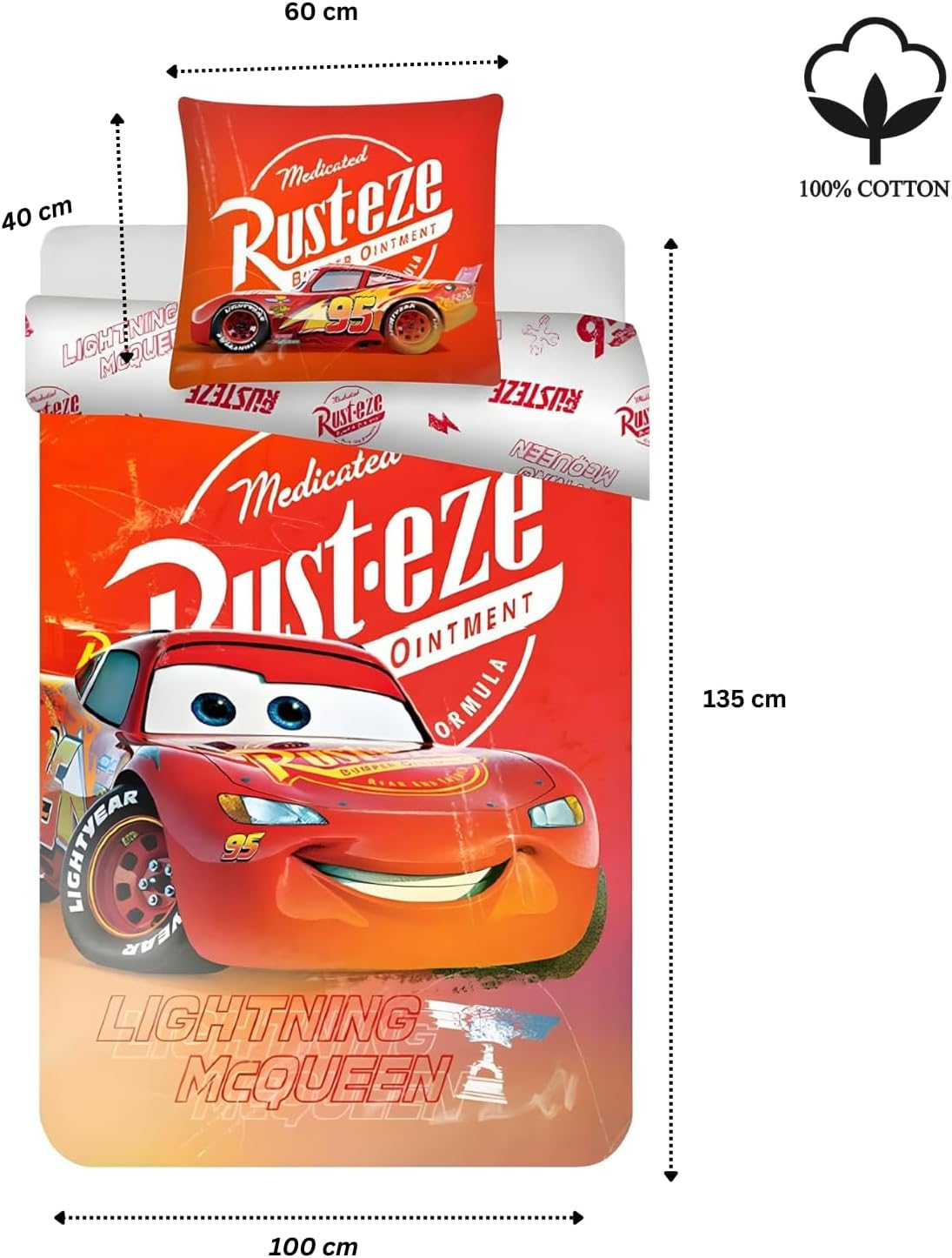 Disney Cars Junior Bed Linen Set, 100 X 135 Cm Duvet Cover & 40 X 60 Cm Pillowcase, 100% Cotton, Soft, Breathable Lightning Mcqueen Children'S Bedding Set for Toddlers image number 2