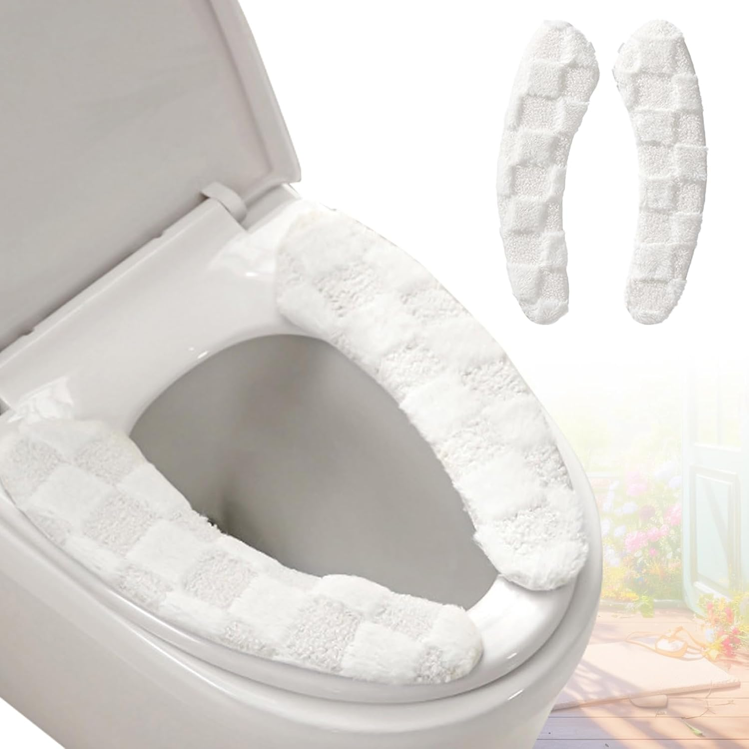 Thick and Warm Plush Toilet Seat Cover &ndash; Washable, Reusable Cushion with TPR Adhesive & Checkered Pattern for Comfort & Insulation (White)