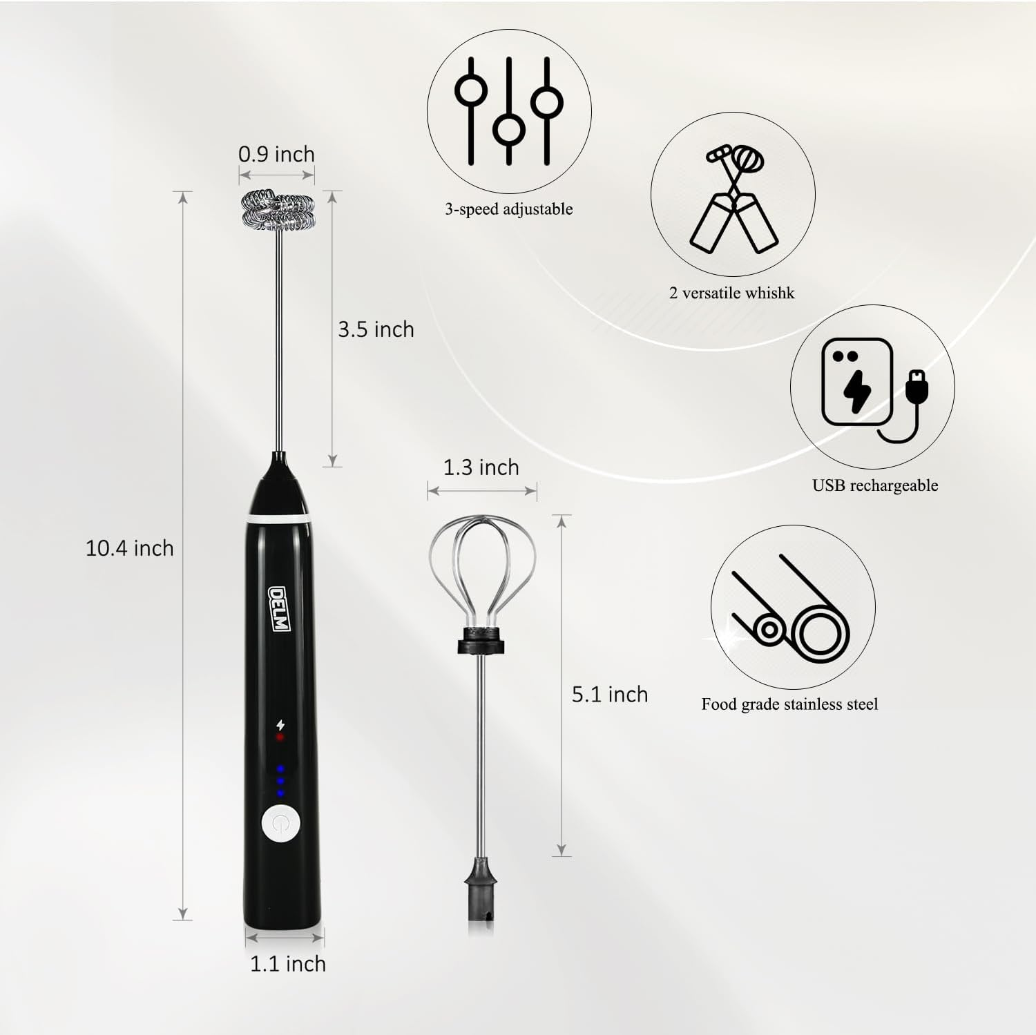 DELM Rechargeable Milk Frother Handheld Foam Maker with Stainless Whisk for Cappuccino, Latte, Bulletproof Coffee, Keto Diet, Protein Powder, Matcha image number 1