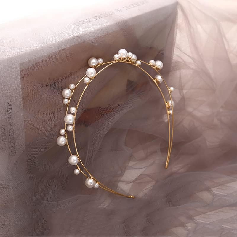 Double Layer Pearl Beaded Headbands Hair Hoops Bridal Hairbands Wedding Hair Accessories Fashion Elegant Pearl Headbands for Women Girls (Silver)