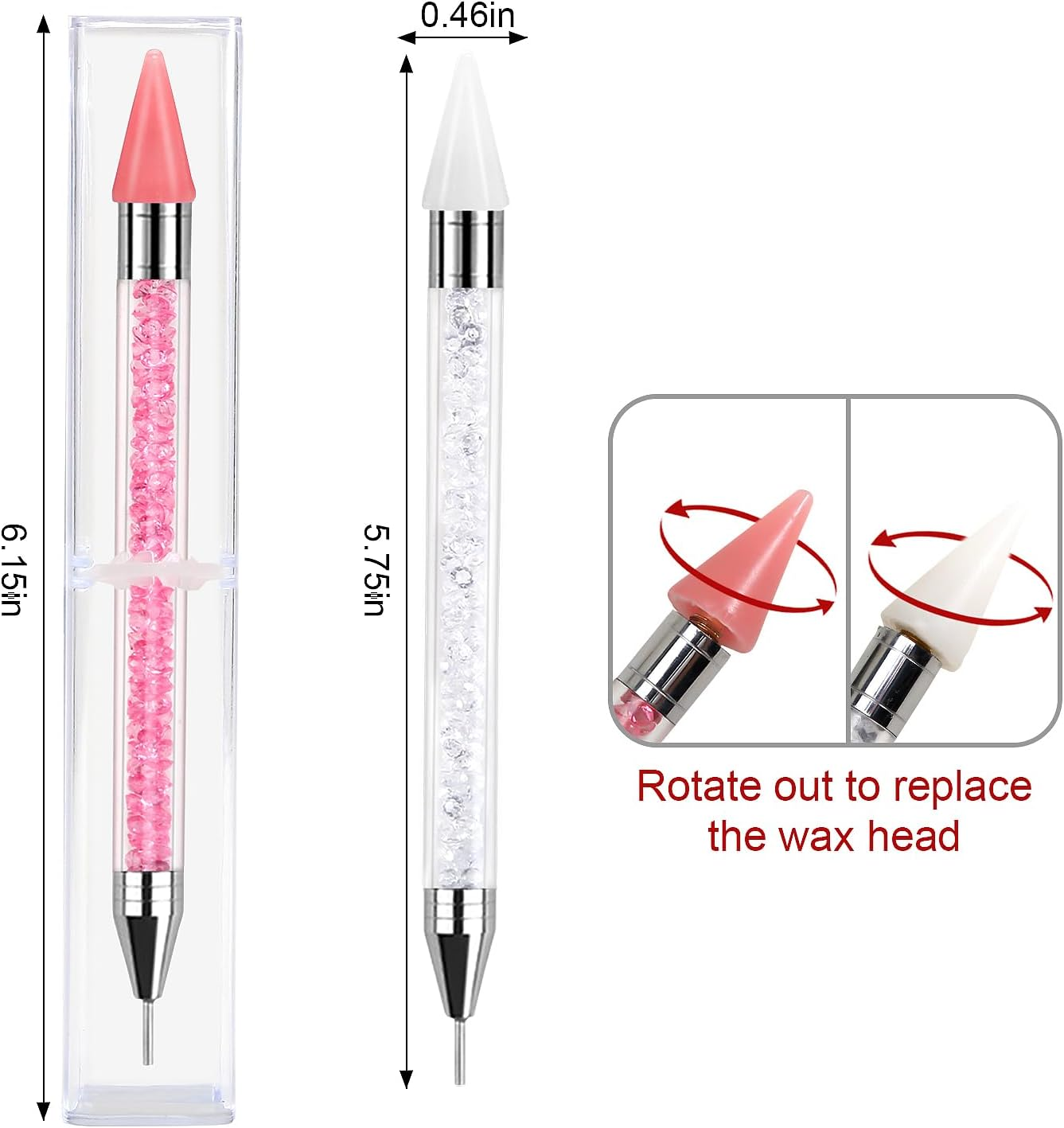 Erinde 2PCS Dual-End Rhinestone Picker Tool, Acrylic Handle Wax Pencil for Rhinestones, Dual-Ended Diamond Painting Dotting Pen DIY Nail Art Tool with 2 Extra Wax Tips, White & Pink image number 6