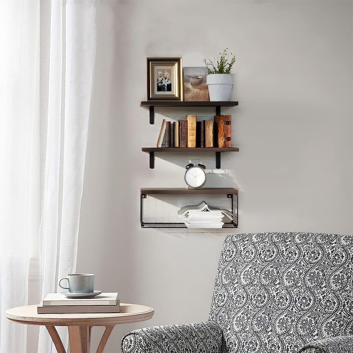 Floating Shelves Set of 3, Wall Mounted Shelf with Wire Storage Basket, Bathroom Shelves over Toilet, Wood Hanging Shelving for Bathroom, Bedroom, Living Room, Kitchen Decor image number 6