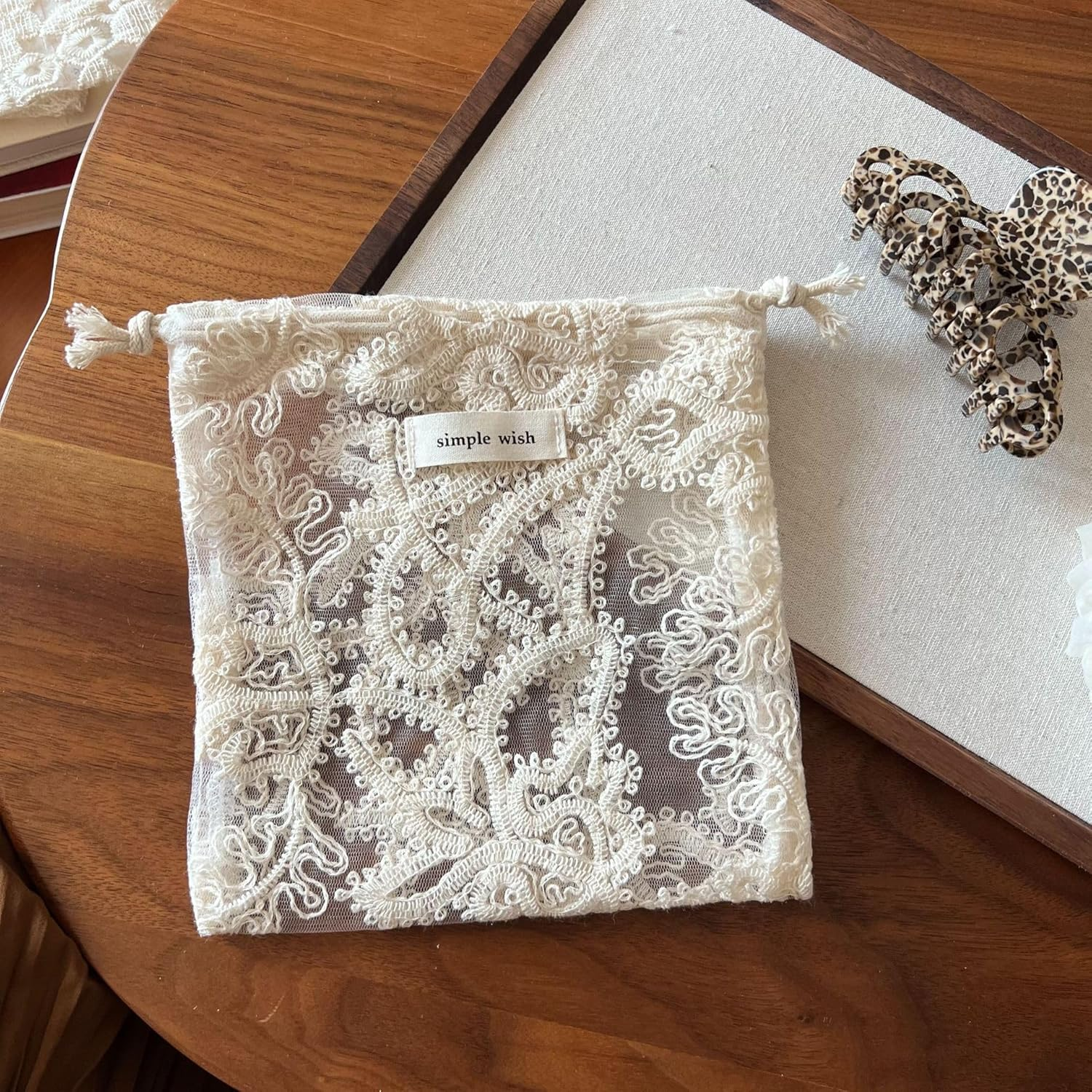 Sminra Mesh Drawstring Makeup Bag Pouch Lace Organizer, Small Drawstring Coquette Aesthetic Cute Travel Toiletry Insert Bag Gift for Women and Girls, Bonestring Embroidery, Aesthetic