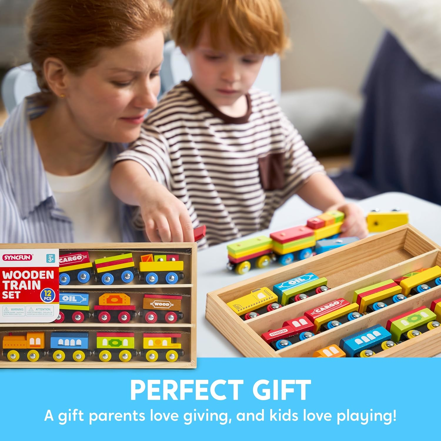 Montessori Wooden Train Toy Set for Kids, 12PCS Magnetic Train Cars with Storage Gift Box, STEM Educational Toy for Boys & Girls, Ages 2-8 Years, Christmas Birthday Party Gift image number 6