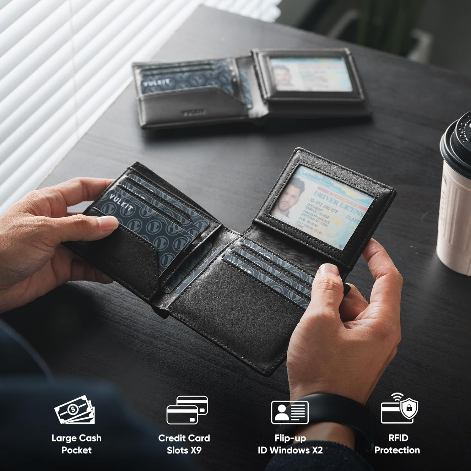 VULKIT Men'S Bifold Wallet Genuine Leather Wallet RFID Blocking with Multiple Card Slots and Double ID Windows Everyday Carry Wallet - Nappa Black image number 4