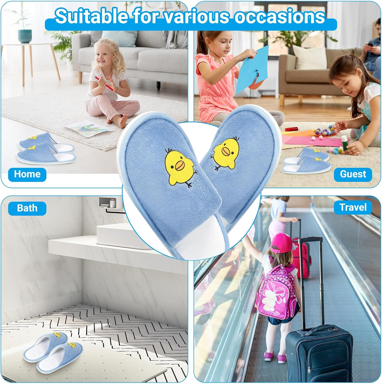 Nuhui 6 Pairs of Spa Disposable Slippers for 4-8 Years Kids Indoor House Hotel Slippers for Children Guests Kid Spa Smiley Yellow Chicken Face Slipper, Blue, 4.5-5 Years Big Kid, Blue, 4.5-5 Years Big image number 2
