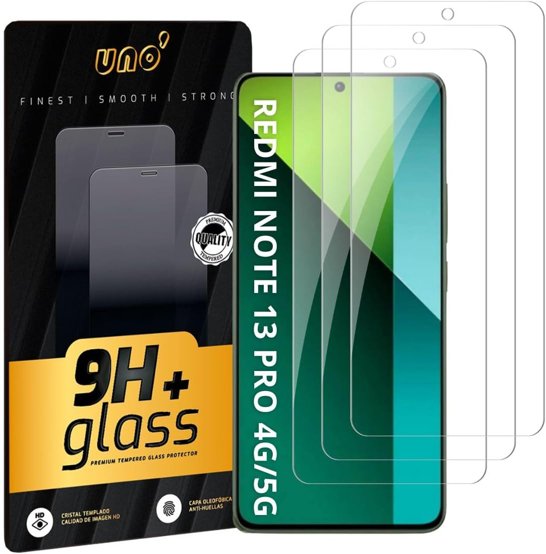 Uno'[3 Pack] Tempered Glass Screen Protector for Xiaomi Redmi Note 13 Pro 4G/5G, Ultra Resistant, 9H Hardness, Bubble-Free, High Definition, Anti-Scratch and Fingerprint Free, Simple