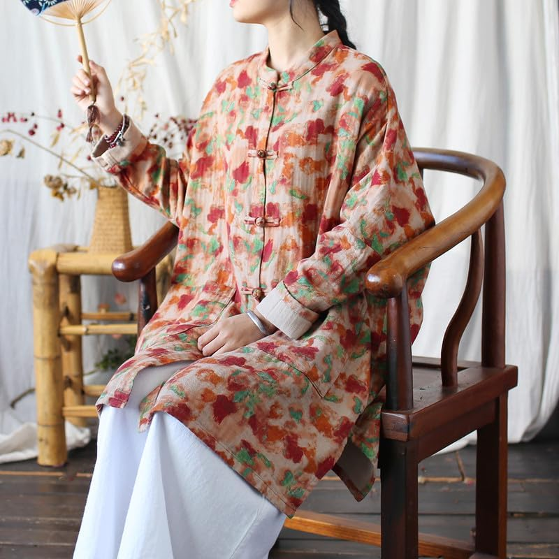 Stand Collar Women'S Spring Chinese Vintage Jacket Loose Fit Long Sleeve Top Frog Buttons image number 1