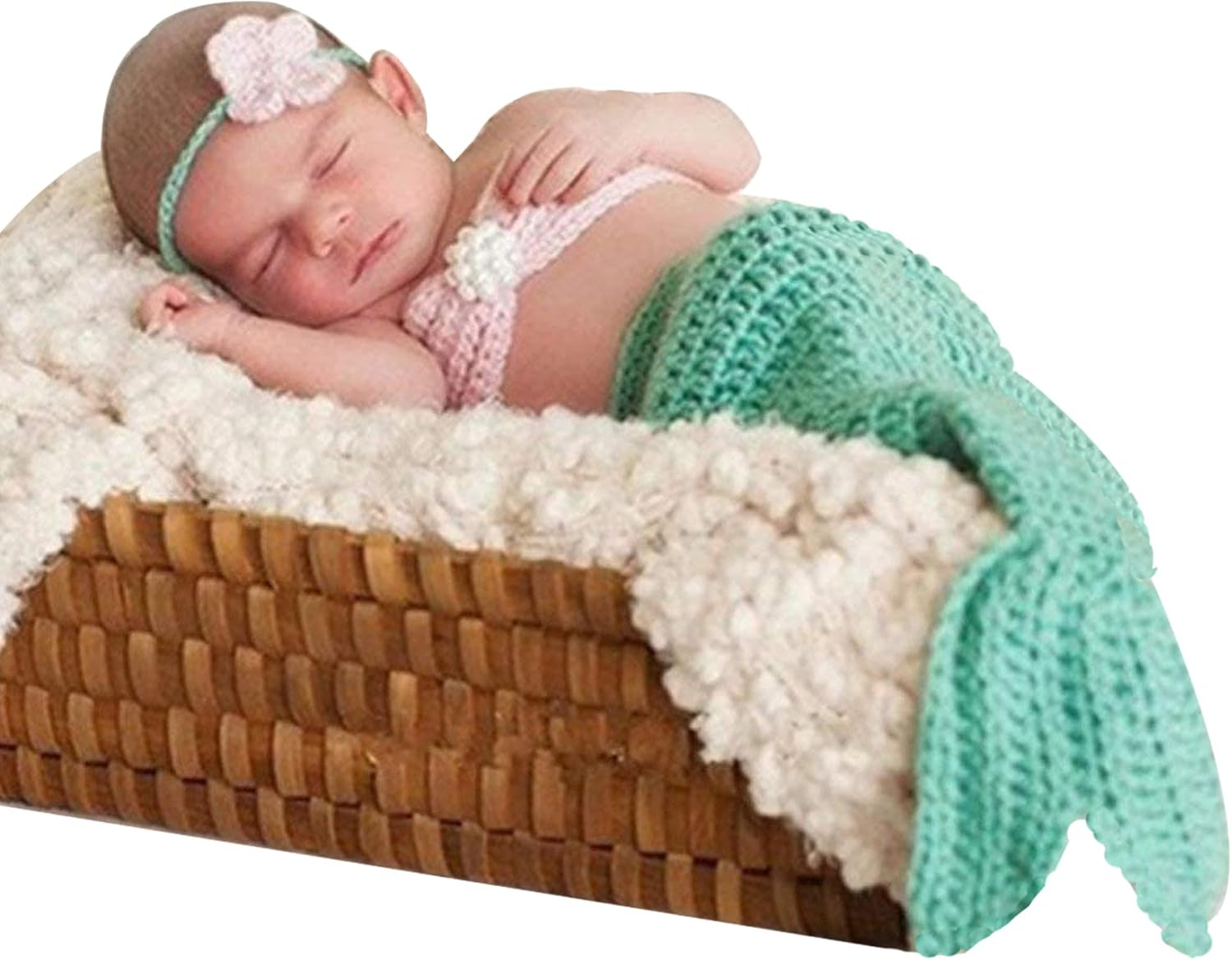 House Mermaid Costume Set-Handmade Crochet Photo Prop Includes Headband, Bra, Tail for Newborn Photography (Aquamarine) image number 5