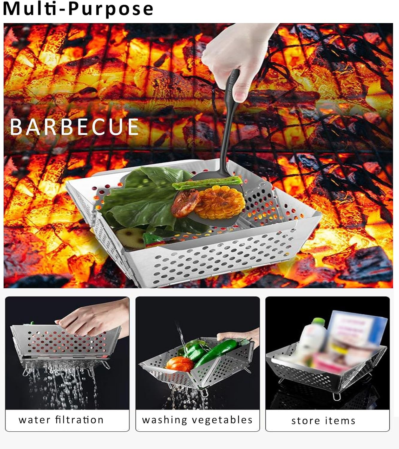 RAXCO BBQ Grill Basket,Foldable Stainless Steel Drain Charcoal Basket,Outdoor Camping Barbecue Accessories