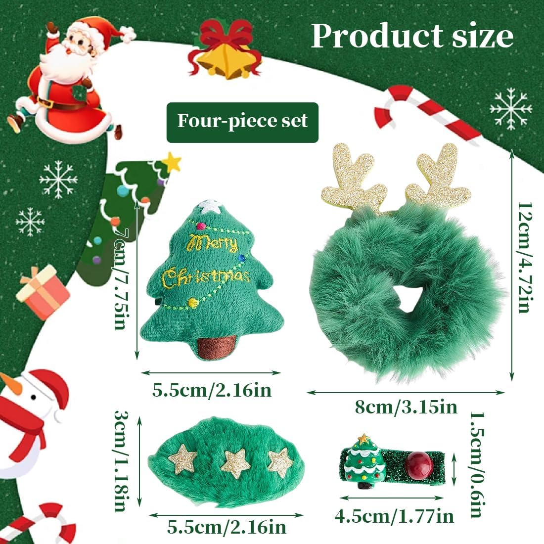 VYIBPDY Set of 4 Hair Accessories Girls Christmas, Elk, Christmas Tree, Hairpin Set, Creative for Children, Green image number 4