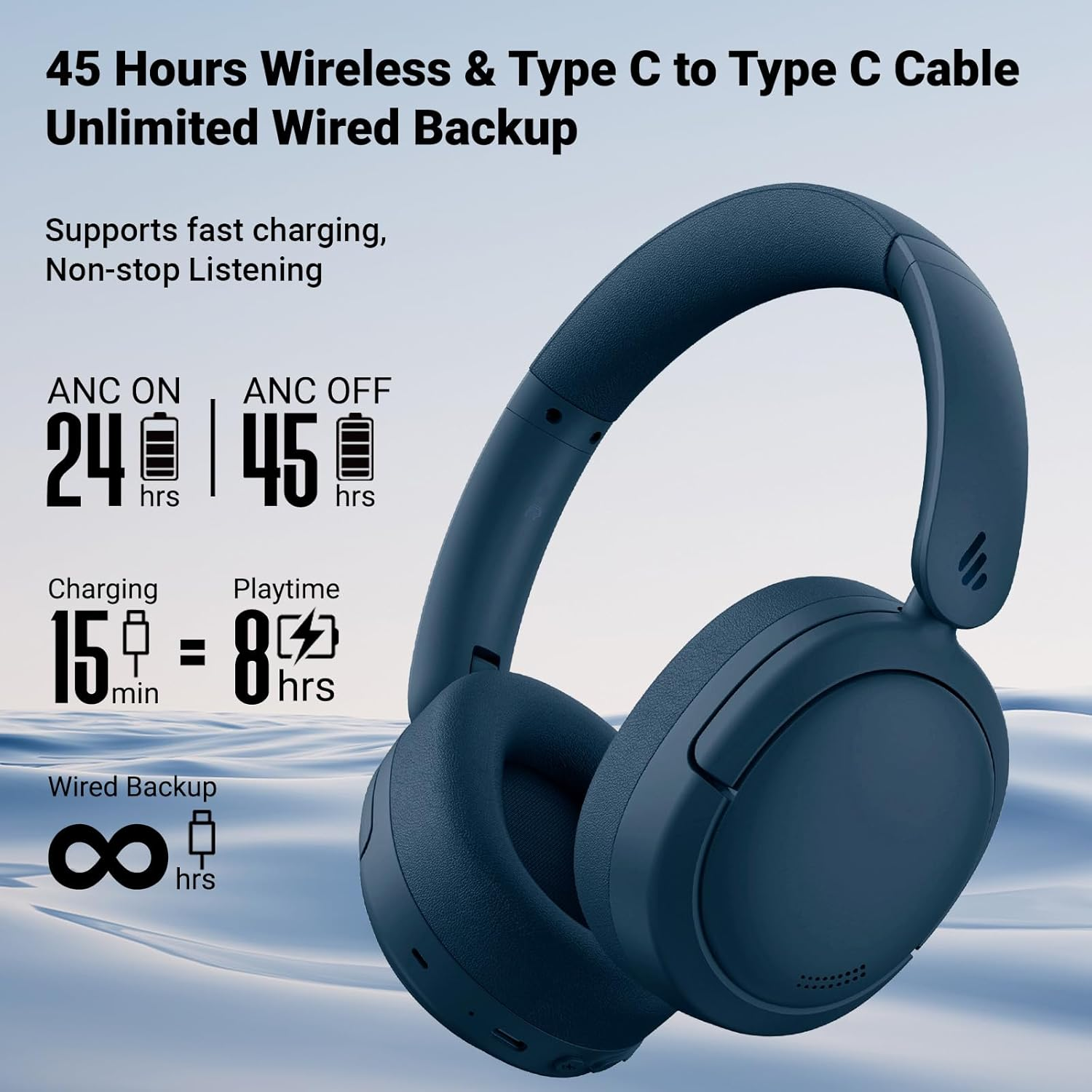 Edifier V80 Headphones Wireless Hybrid Active Noise Cancelling Over-Ear Bluetooth Earphones, Wired Hi-Res Audio, 45H Playtime, Fast Charging