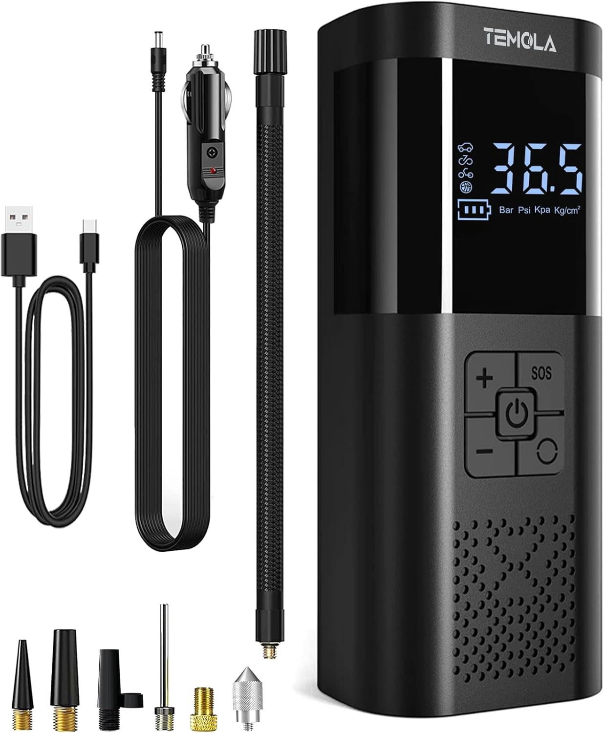 TEMOLA Portable 150PSI Cordless Black Tire Inflator, TN10, 12V DC Air Pump with Pressure Gauge, for Car, Motorcycle, Bicycle Tires image number 3